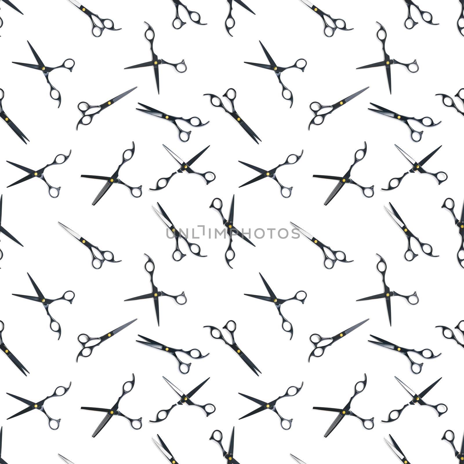 Seamless pattern of black scissors. professional hairdresser black scissors isolated on white. Black barber scissors, close up. pop art background, for prints or posters