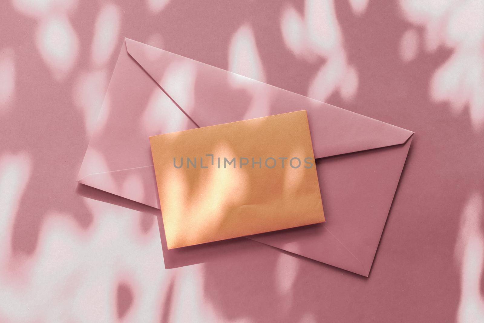 Holiday marketing, business kit and email newsletter concept - Beauty brand identity as flatlay mockup design, business card and letter for online luxury branding on pastel shadow background