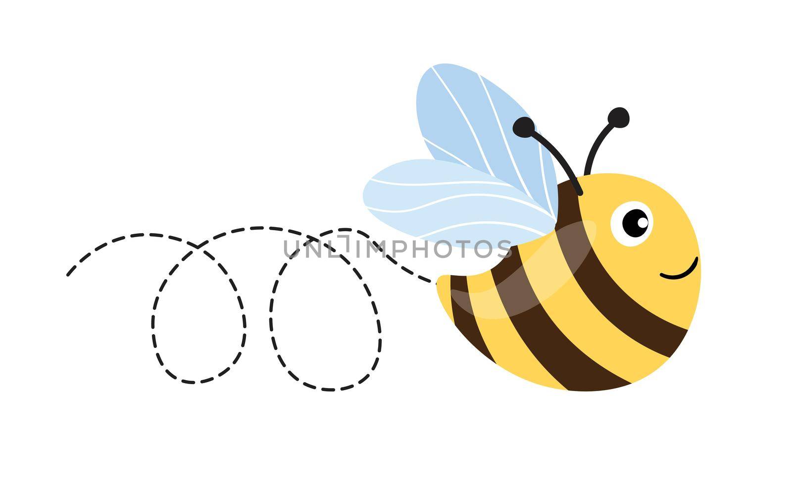 Bee cartoon mascot. A small bees flying on a dotted route. Wasp collection. Vector characters. Incest icon. Template design for invitation, cards. Doodle style by allaku