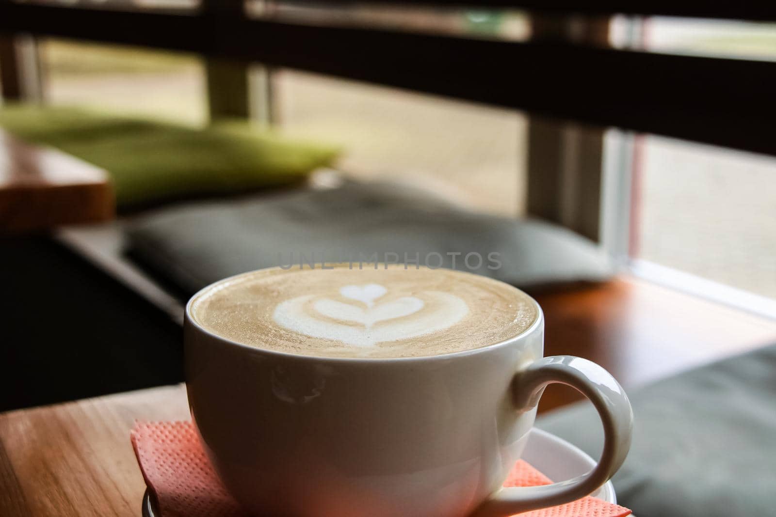 Large white cup of coffee latte and pattern, copy space