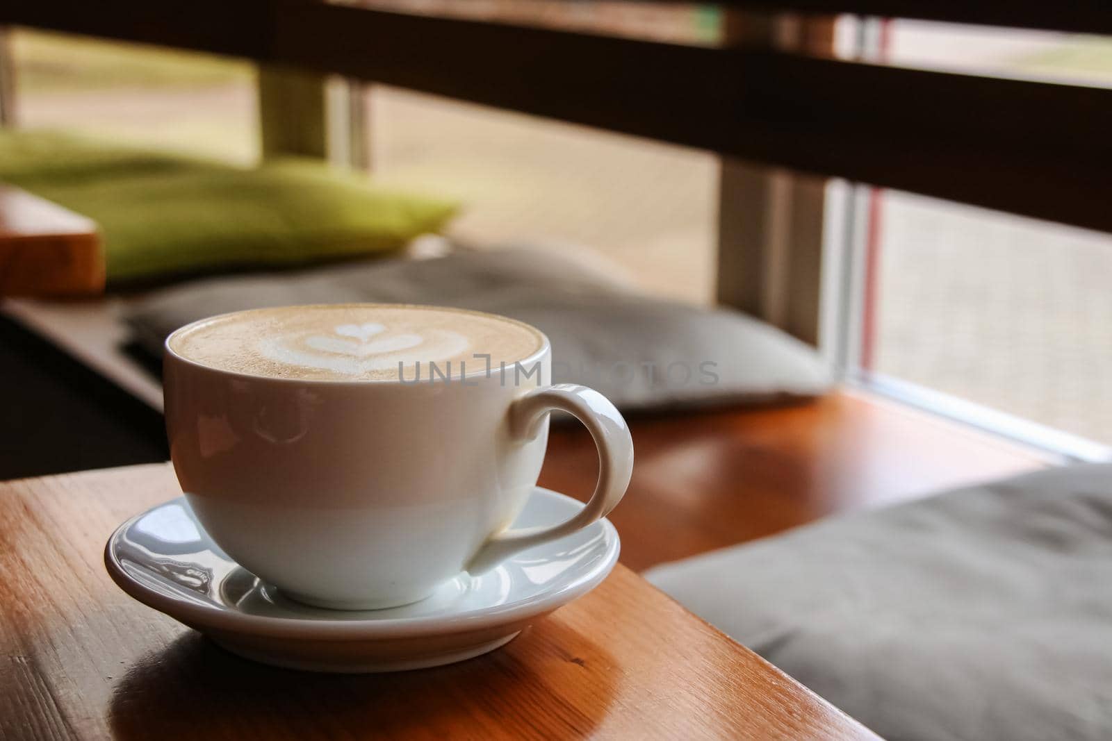 Large white cup of coffee latte and pattern, copy space