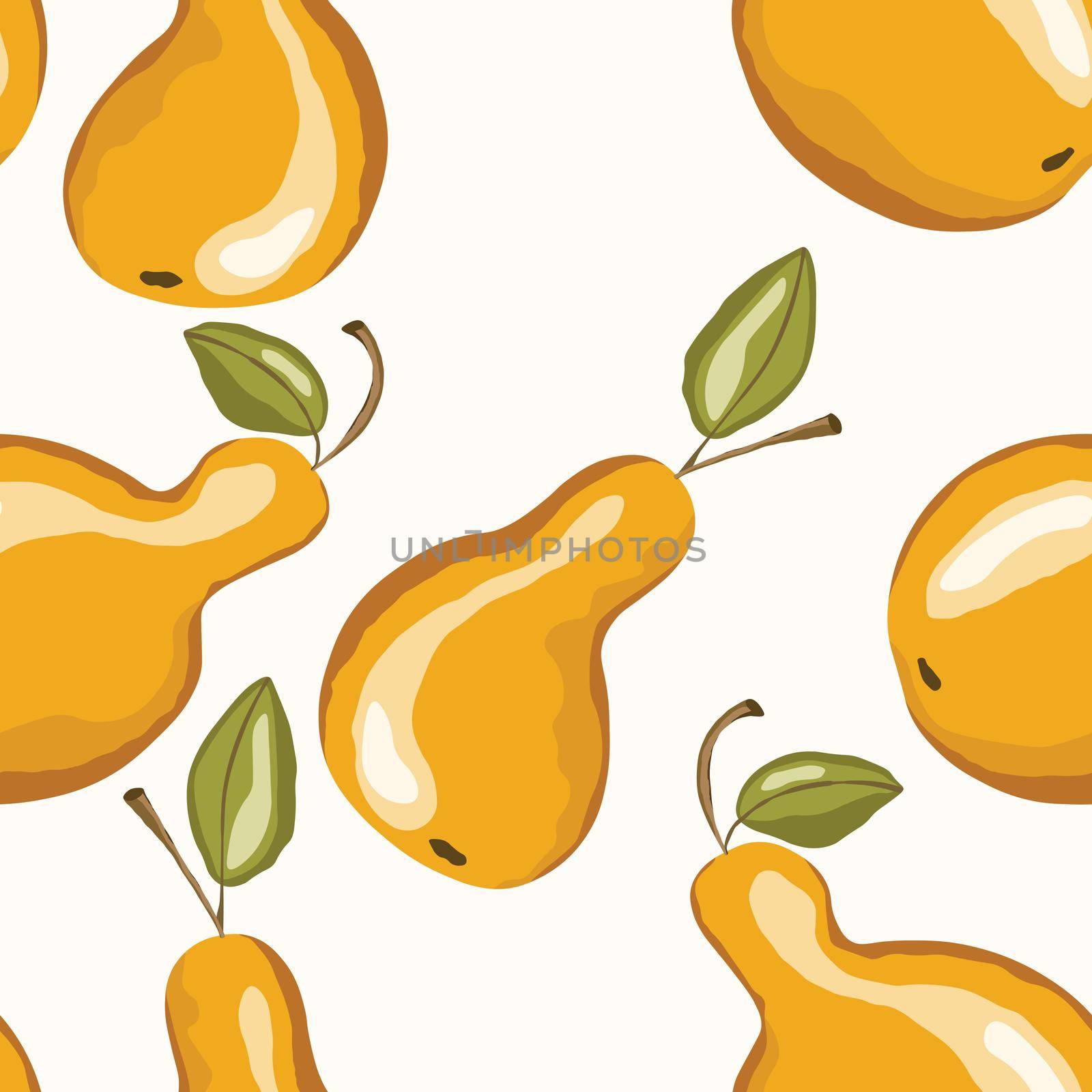 Seamless pattern with pear on white background. Natural delicious fresh ripe tasty fruit. Vector illustration for print, fabric, textile, banner, other design. Stylized pears with leaves.Food concept