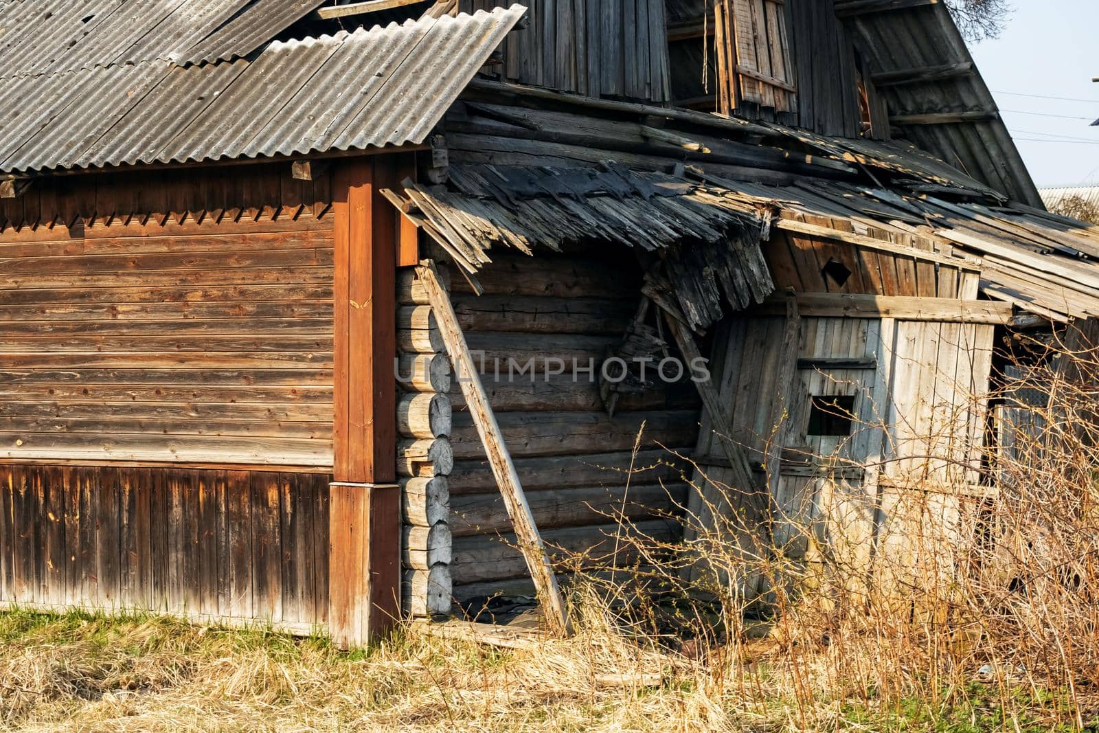 Old wooden ruined house among the bushes and grass, close up
