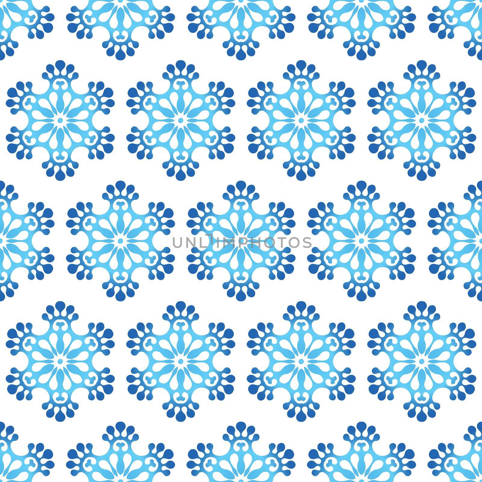 Winter seamless pattern with blue gradient snowflakes on white background. Vector illustration for fabric, textile wallpaper, posters, gift wrapping paper. Christmas vector illustration.