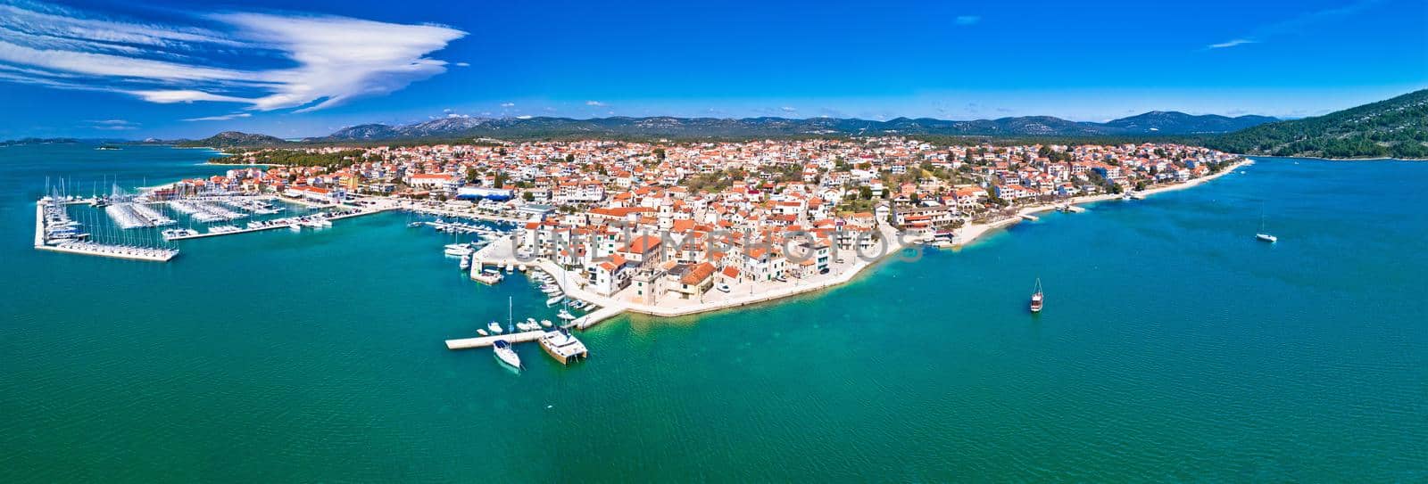 Town of Pirovac coastline aerial panoramic view, Dalmatia archipelago of Adriatic sea in Croatia