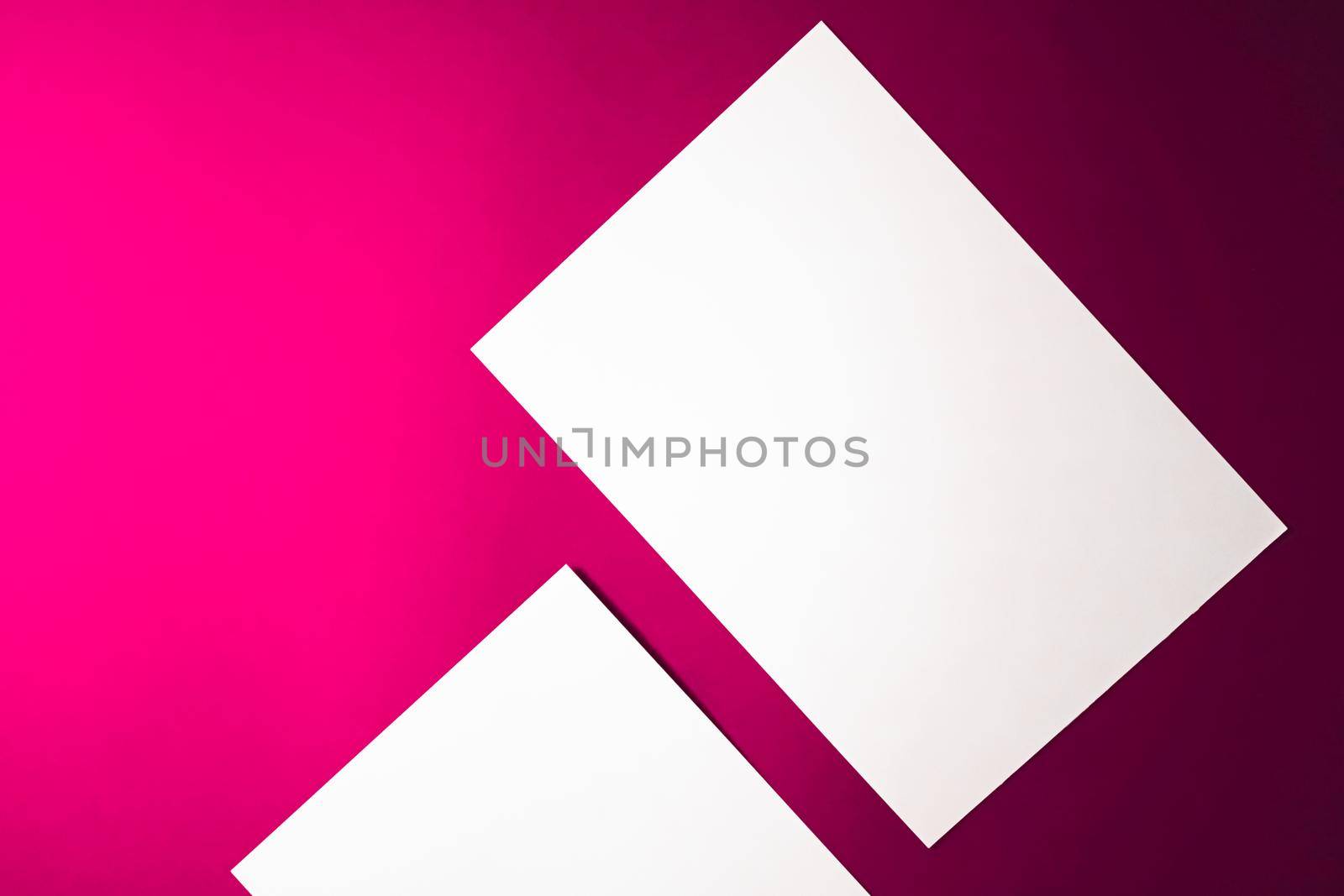 Blank A4 paper, white on pink background as office stationery flatlay, luxury branding flat lay and brand identity design for mockup.