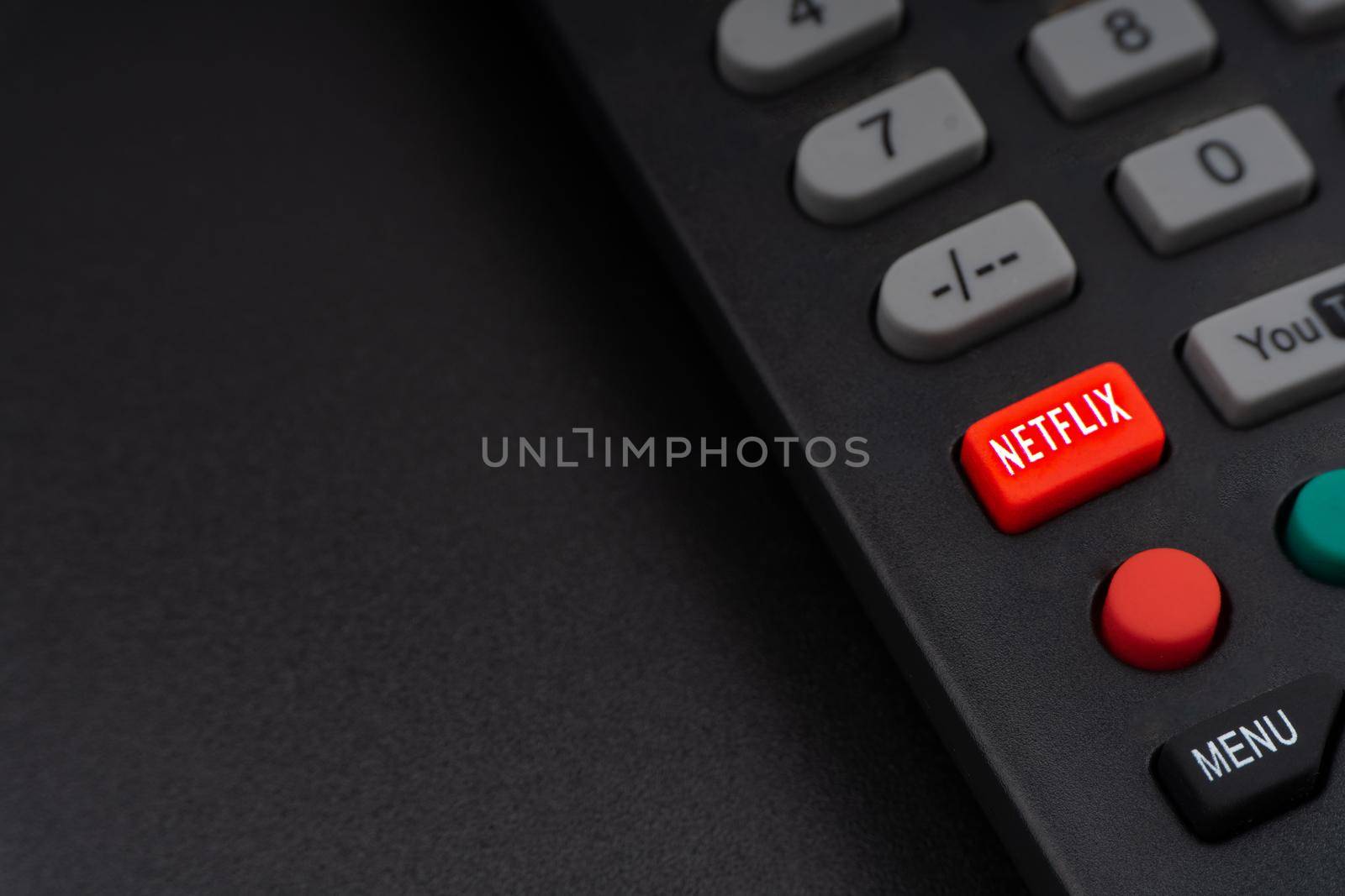 Kuala Lumpur, Malaysia : May 1, 2021 : NETFLIX television remote controller on black background