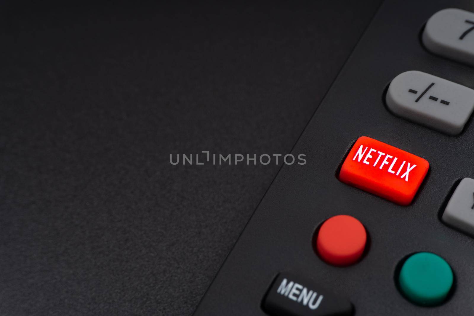 Kuala Lumpur, Malaysia : May 1, 2021 : NETFLIX television remote controller on black background