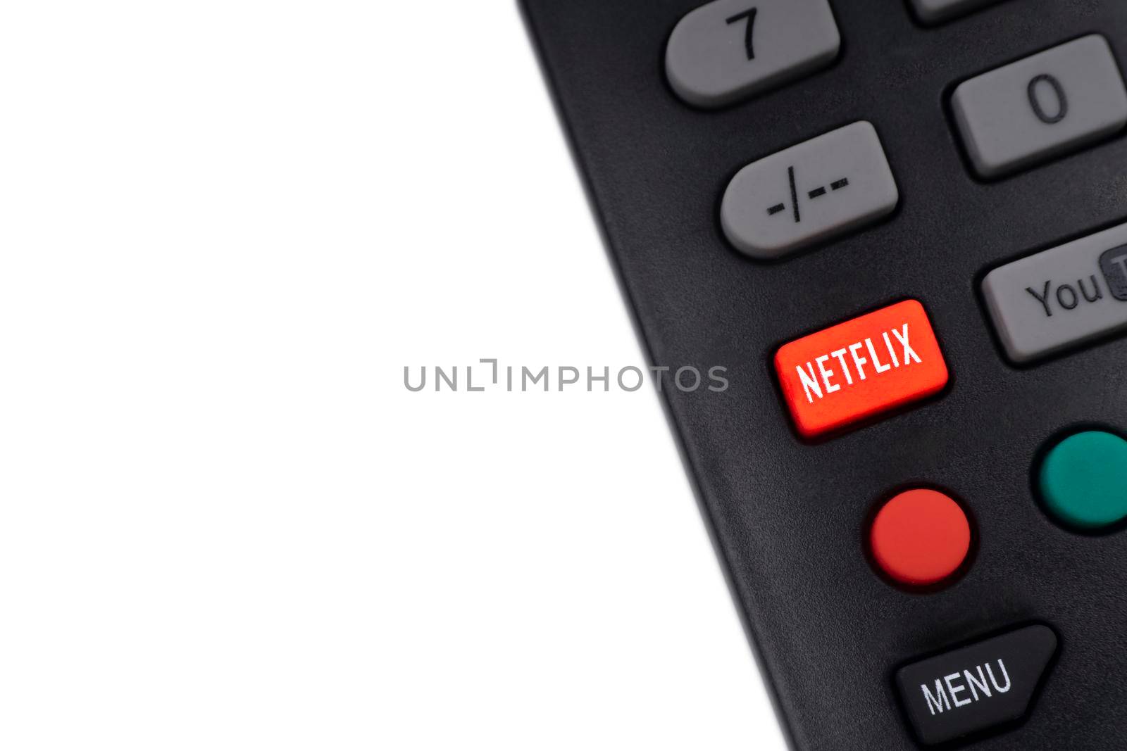 Kuala Lumpur, Malaysia : May 1, 2021 : NETFLIX television remote controller on white background