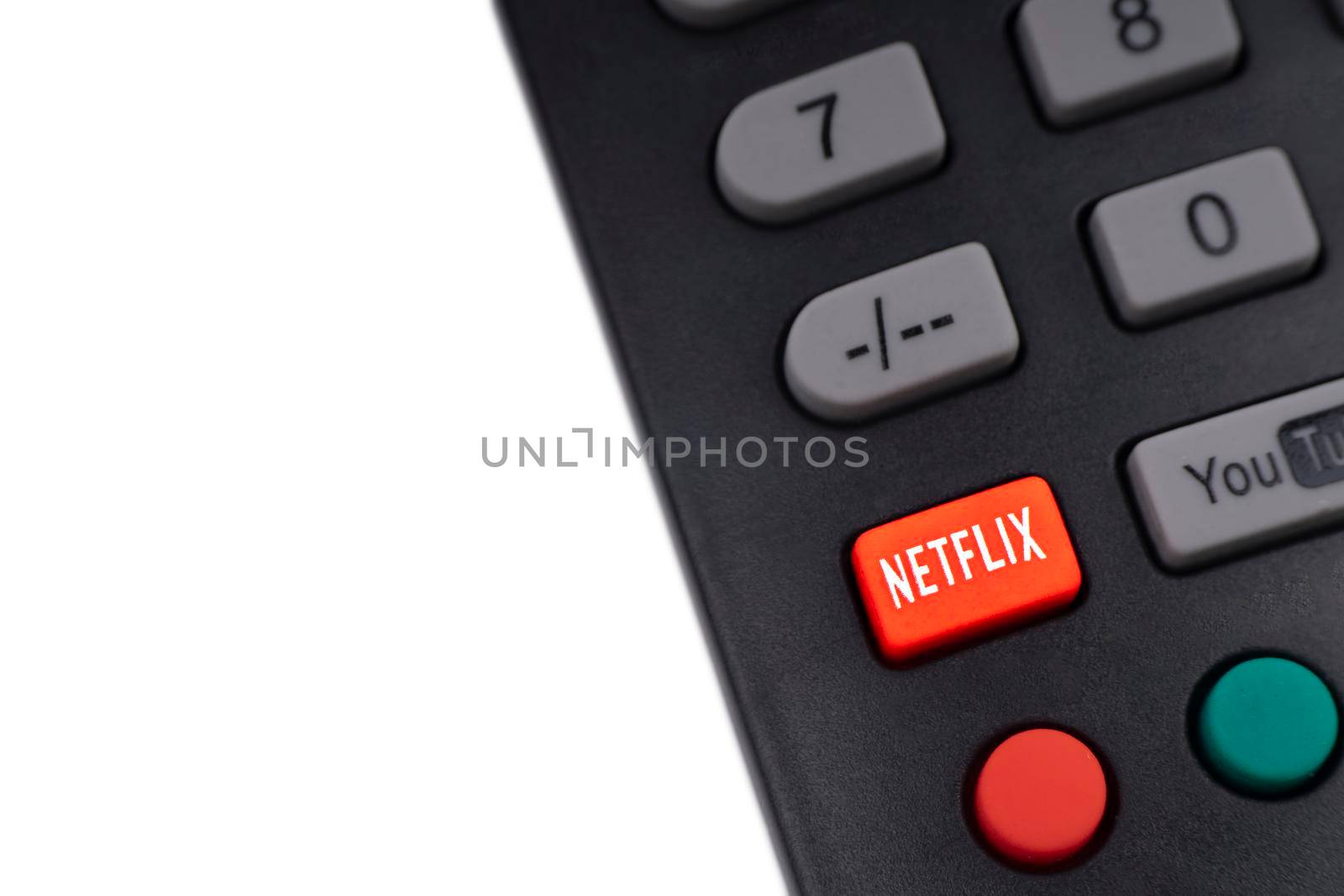 Kuala Lumpur, Malaysia : May 1, 2021 : NETFLIX television remote controller on white background