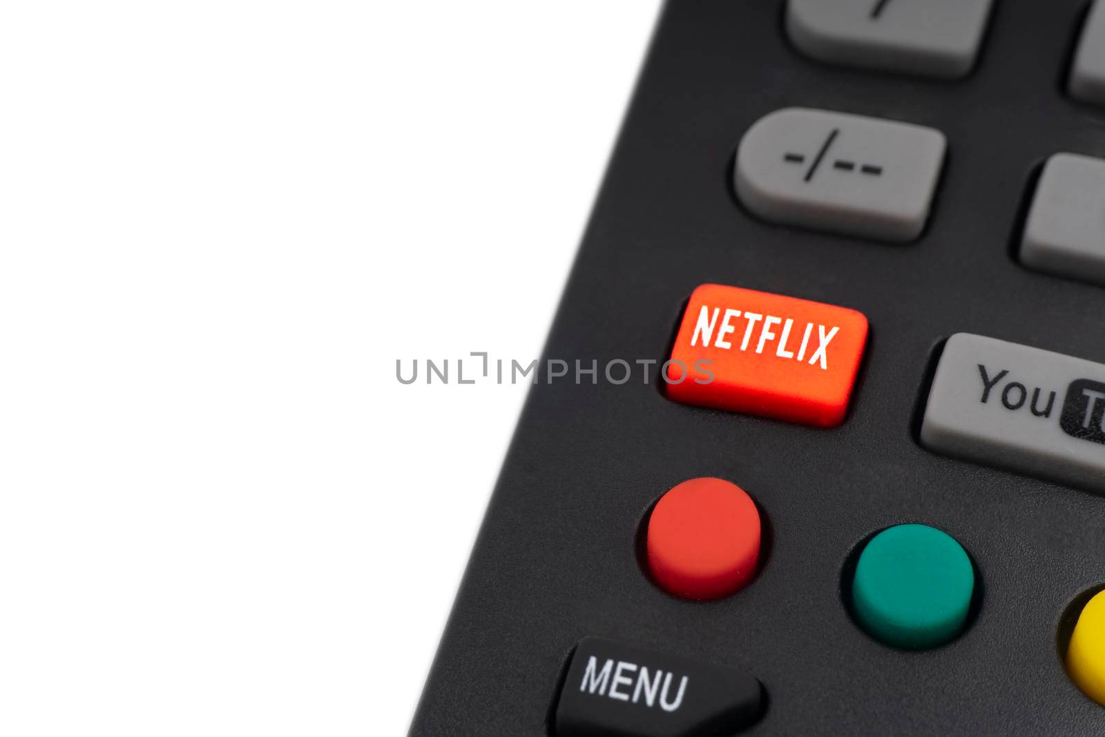 Kuala Lumpur, Malaysia : May 1, 2021 : NETFLIX television remote controller on white background