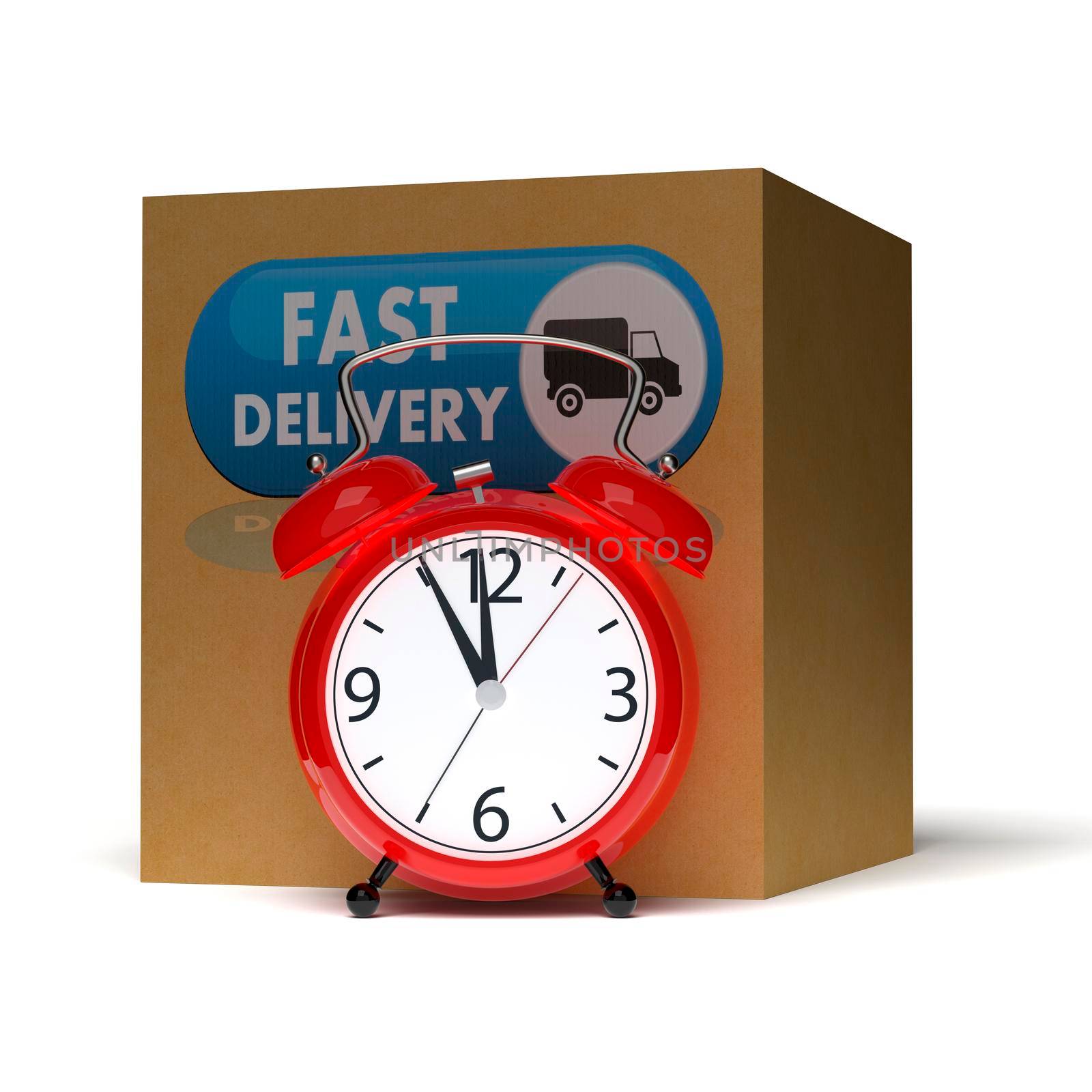 Alarm clock and big cardboard box on white background. 3D rendering by Nobilior