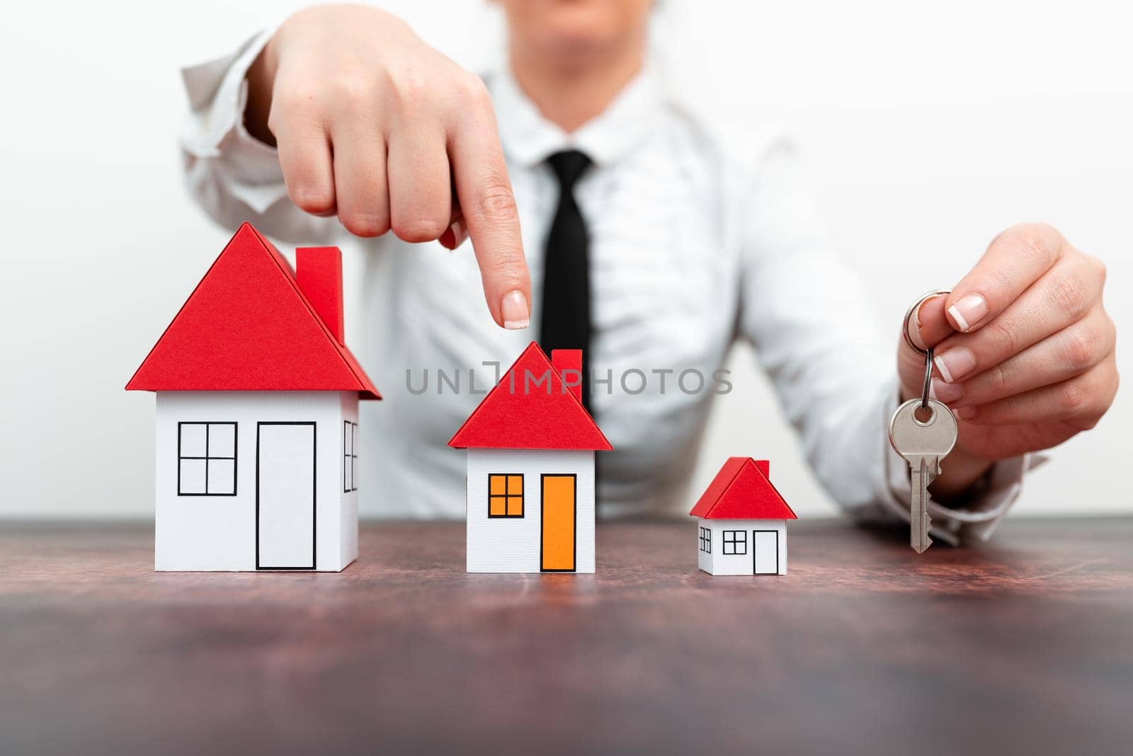 Upgrade Your House Represented By Lady In Outfit, Business Woman Presenting Plans For Home Change, Diffrent Apartment Plan Sizes Comparison, Multiple Selection Of Contracts.