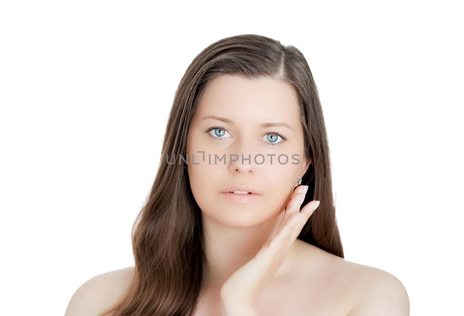 Beautiful woman with natural look, perfect skin as make-up and wellness concept, isolated on white background. Face portrait of young female model for skincare cosmetics and luxury beauty ad design.