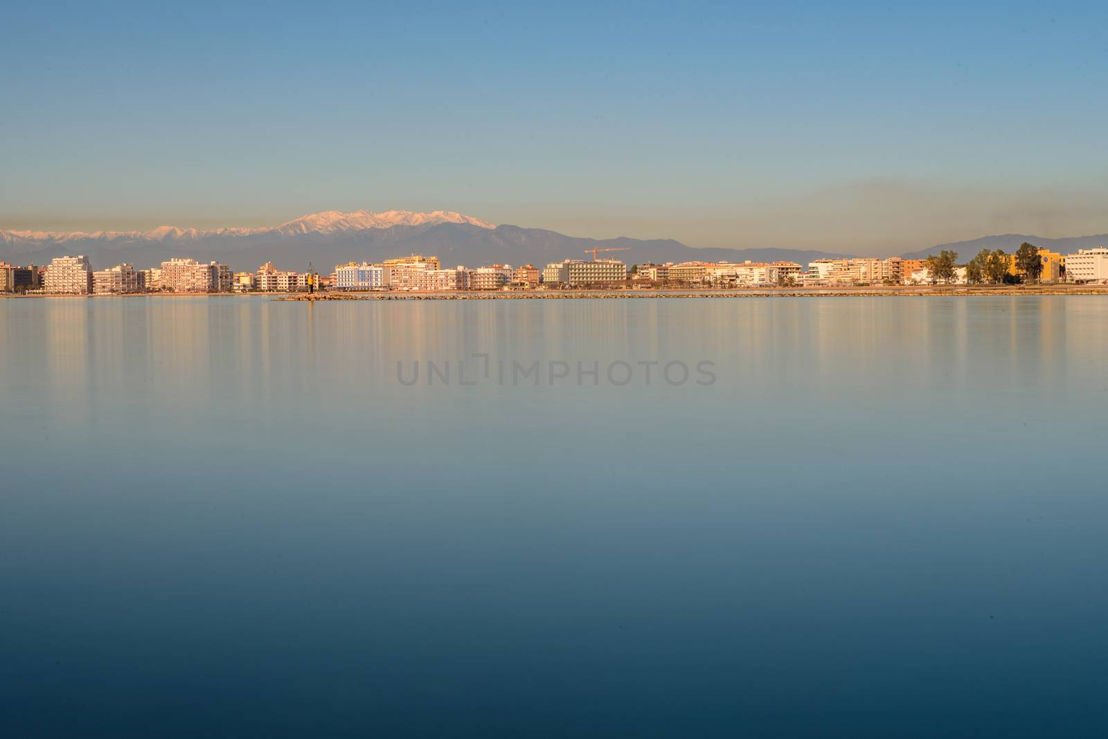 ROSES, SPAIN - jan 24 2018 : Beach and city view of mediterranean town Roses. jan 24 2018 in Catalonia, Spain
