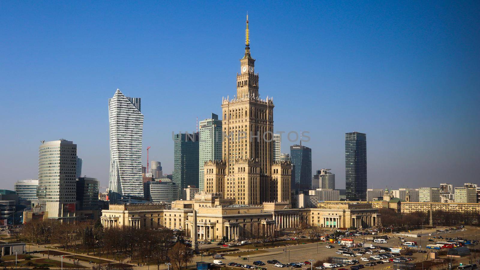 Warsaw / Poland - February 28, 2019: Aerial view center of the city. Palace of Culture and Science and business skyscrapers