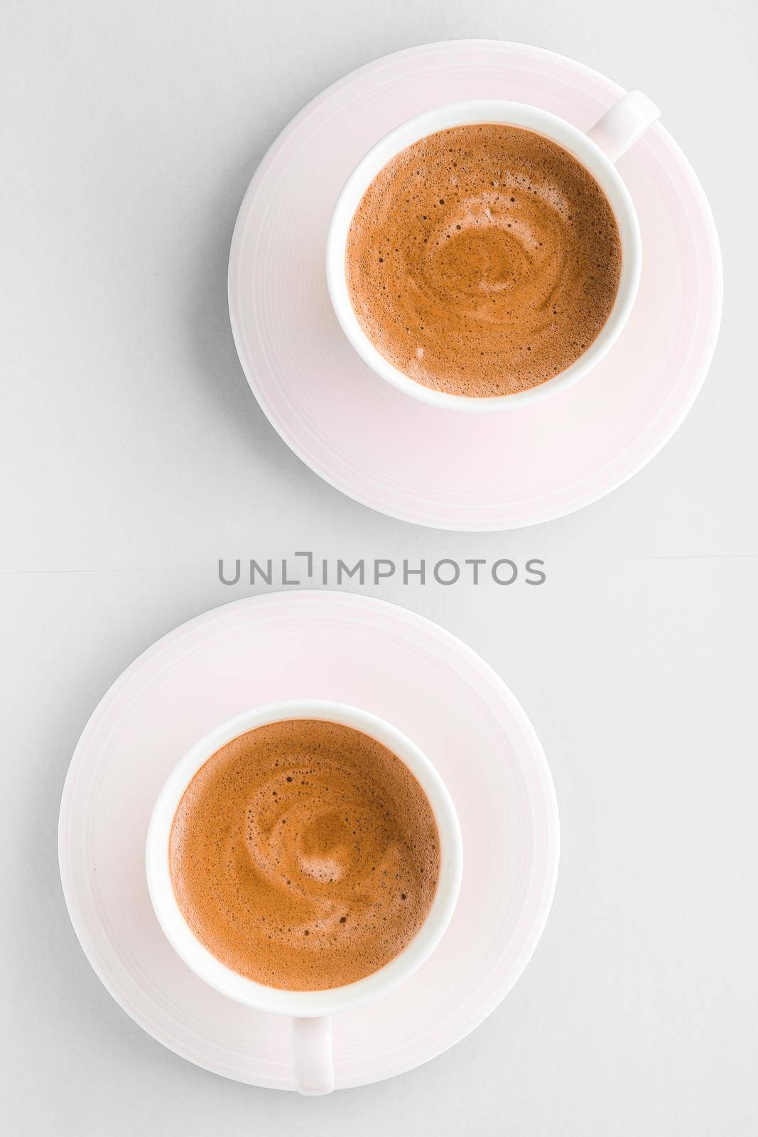 Drinks menu, italian espresso recipe and organic shop concept - Cup of hot french coffee as breakfast drink, flatlay cups on white background