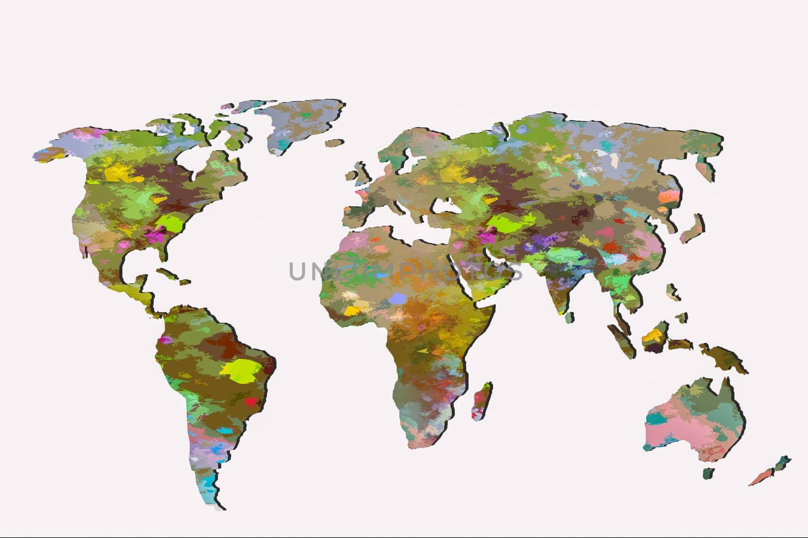 Roughly outlined world map with a colorful background patterns