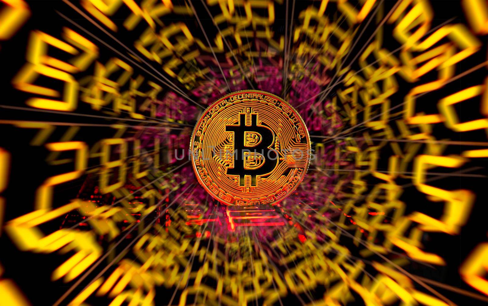 Golden bitcoin crypto currency coin on matrix background with digital number around it. Main important digital currency for the future. by thanumporn