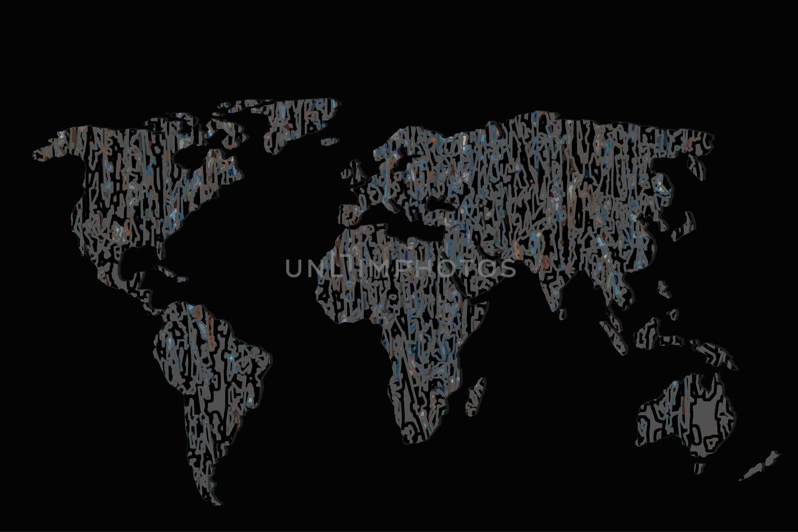 Roughly outlined world map with a colorful background patterns