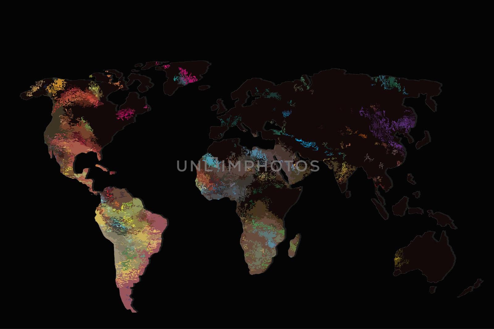 Roughly outlined world map with a colorful background patterns