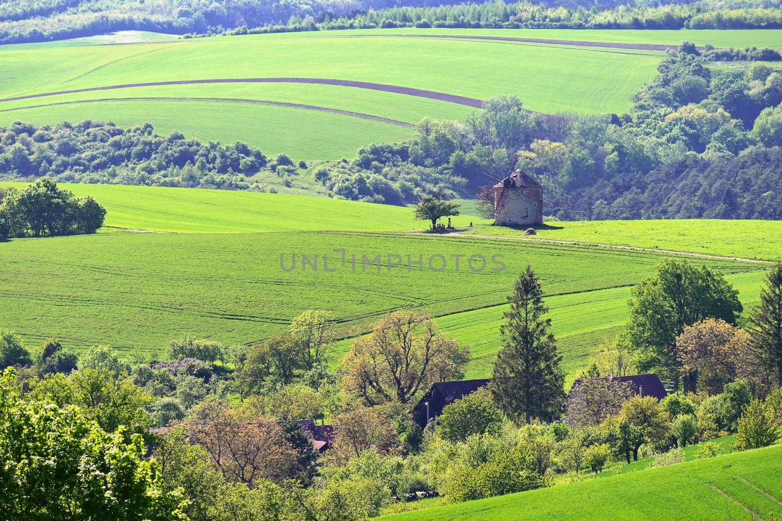 Beautiful spring landscape with blue sky, sun, clouds and old windmill.
Czech Republic Europe