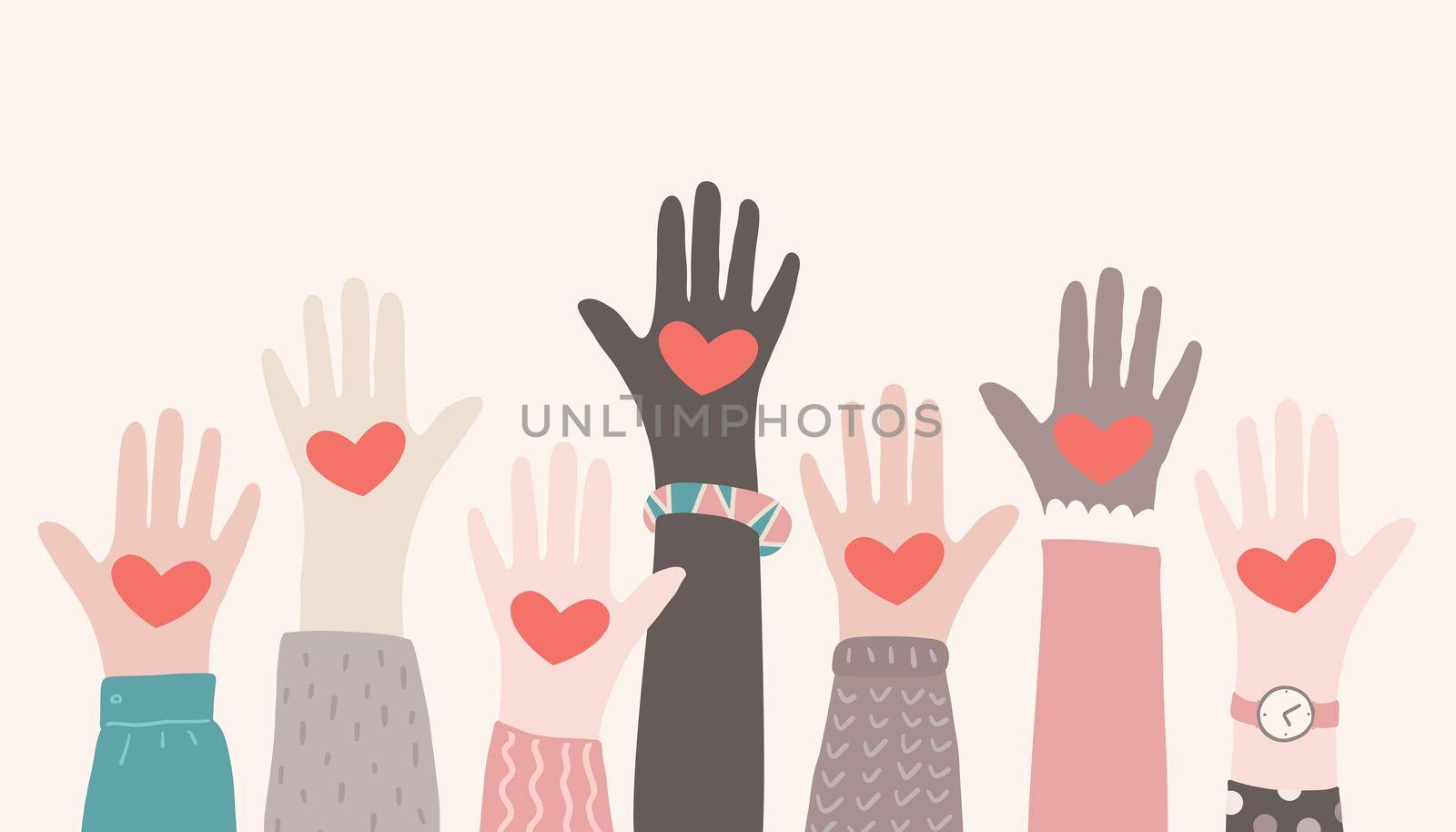 Raised hands volunteering. Charity partnership concept. Multiracial hands with hearts reaching up by Elena_Garder