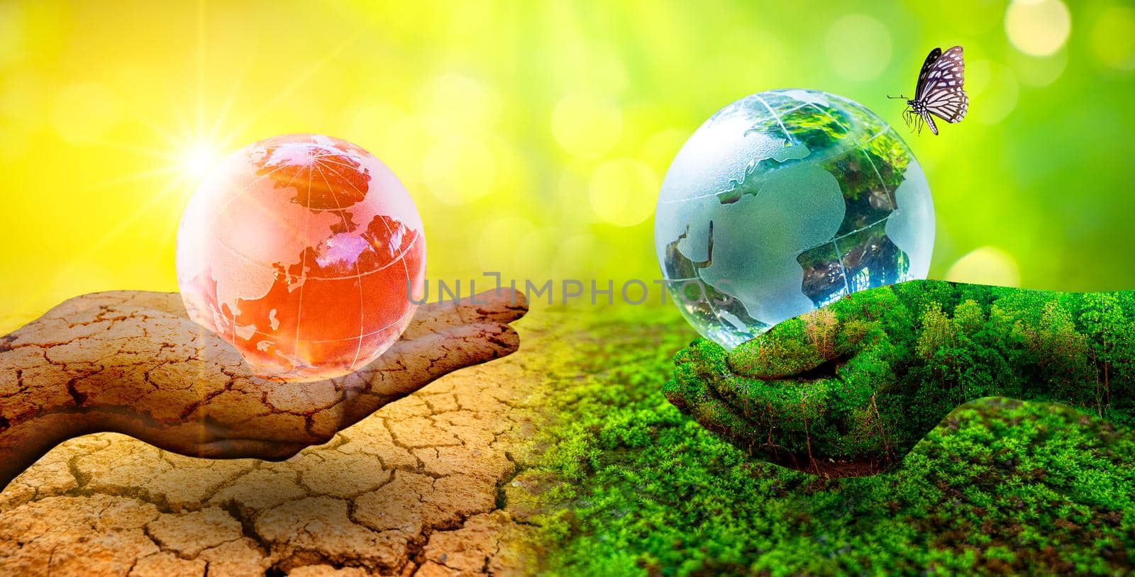 Two orb hands with very different environments Earth Day or World Environment Day Global Warming and Pollution by sarayut_thaneerat