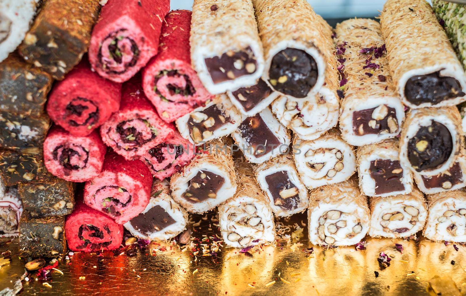 Variety of Turkish signature local foods known as Turkish Delight available for sale mostly in all areas in Turkey country