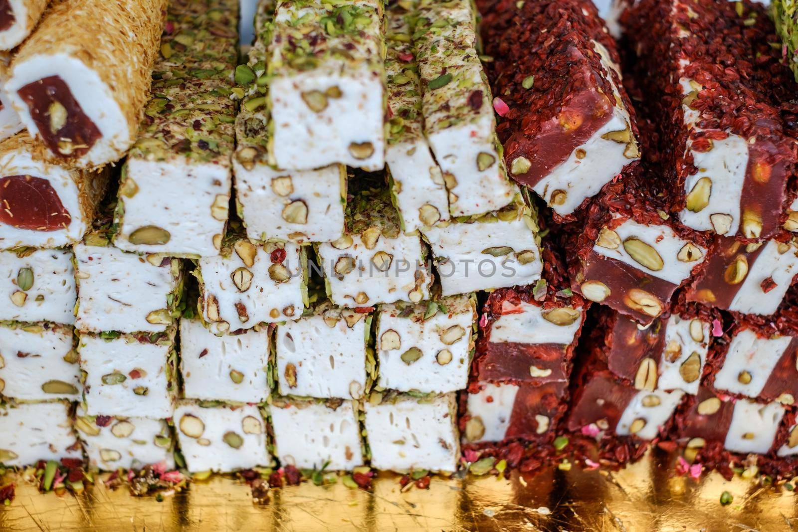 Variety of Turkish signature local foods known as Turkish Delight available for sale mostly in all areas in Turkey country