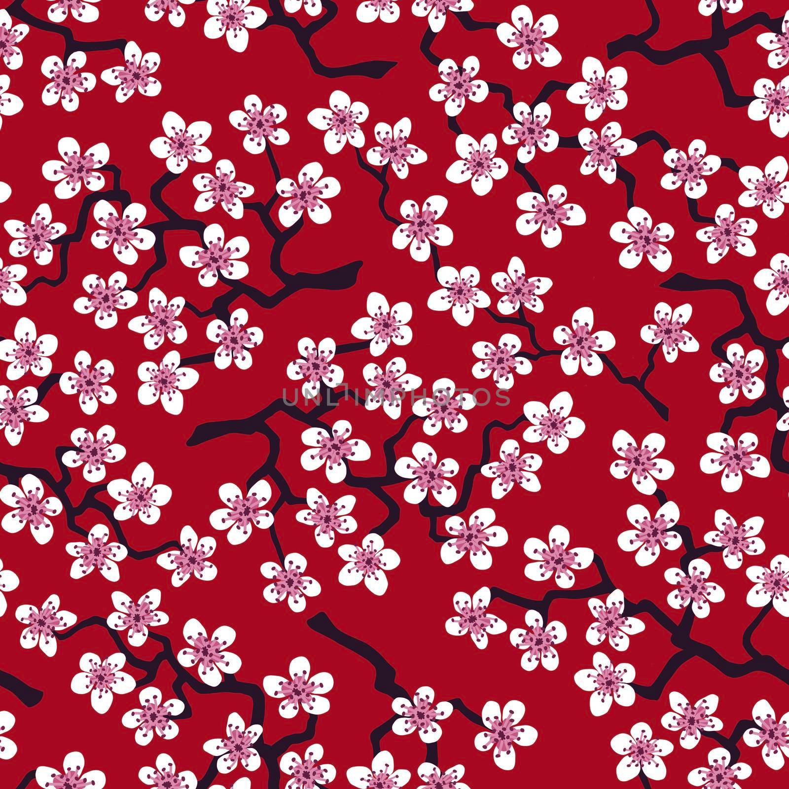 Seamless pattern with blossoming Japanese cherry sakura.Pink flowers on terracotta background by Angelsmoon