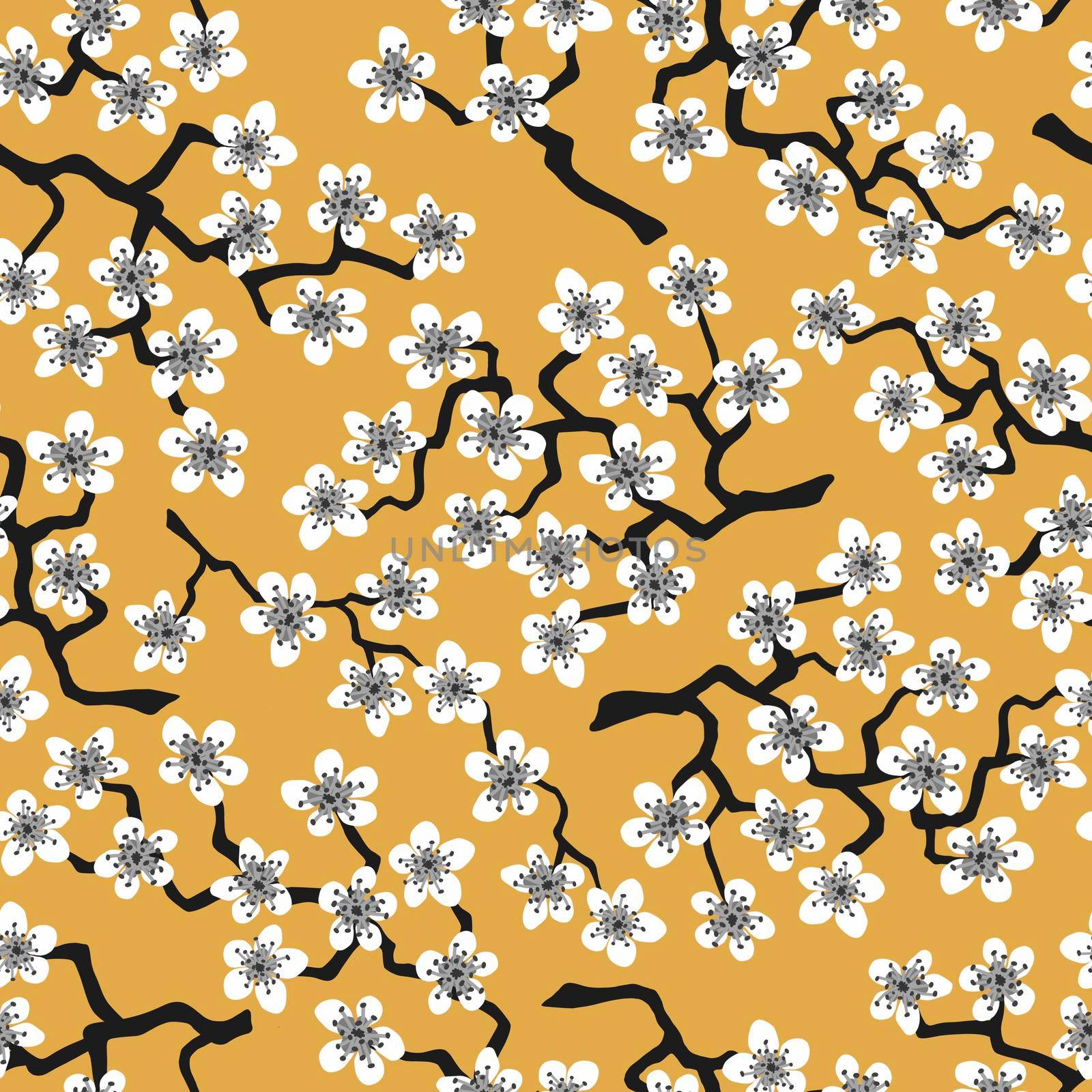 Seamless pattern with blossoming Japanese cherry sakura.White flowers on mustard background by Angelsmoon