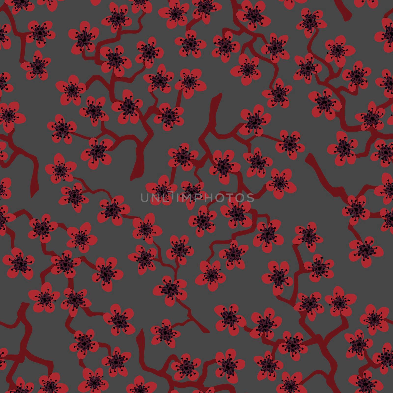 Seamless pattern with blossoming Japanese cherry sakura.Terracotta flowers on dim grey background by Angelsmoon