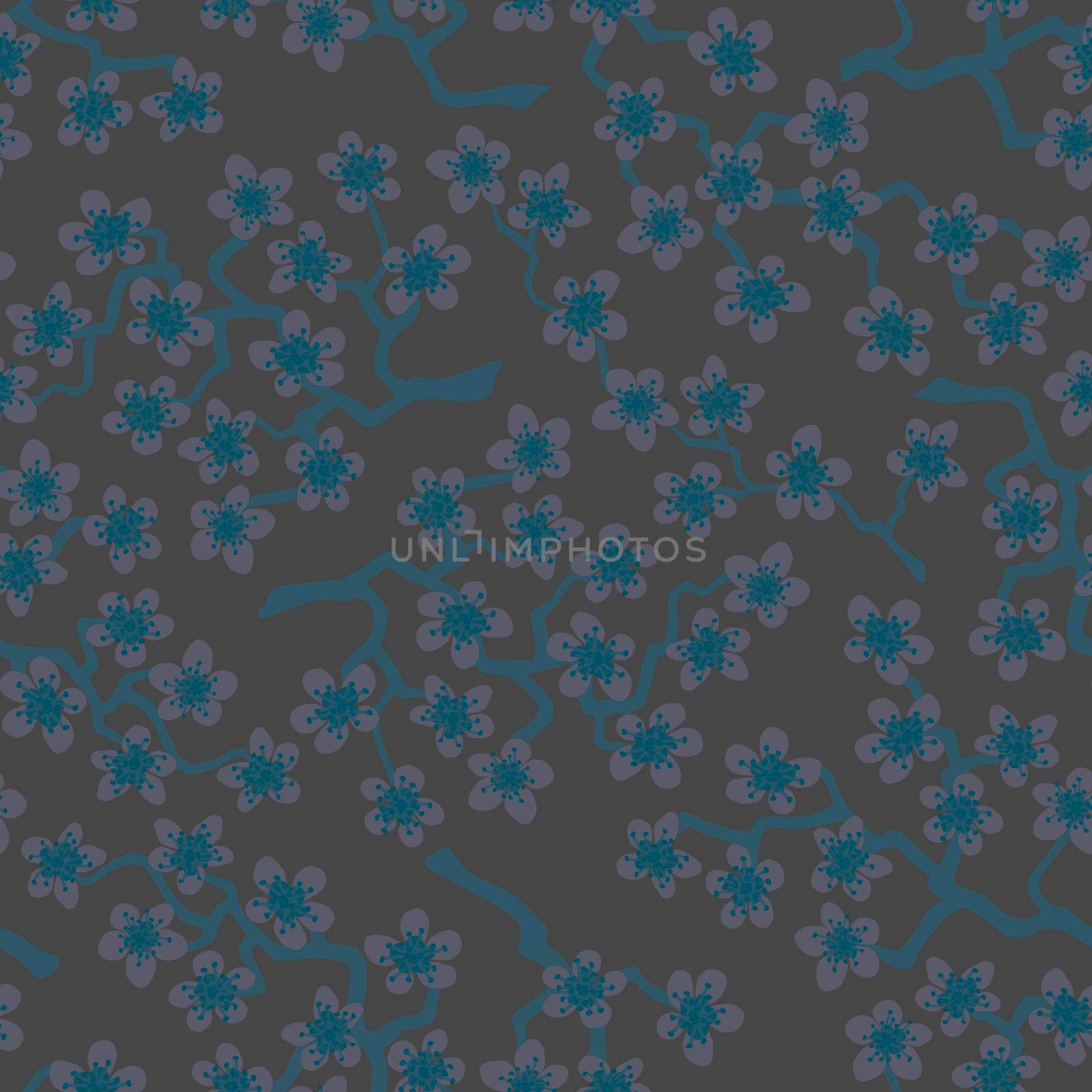 Seamless pattern with blossoming Japanese cherry sakura branches for fabric,packaging,wallpaper,textile decor,design, invitations,gift wrap,manufacturing.Pink,Turquoise flowers on dim grey background