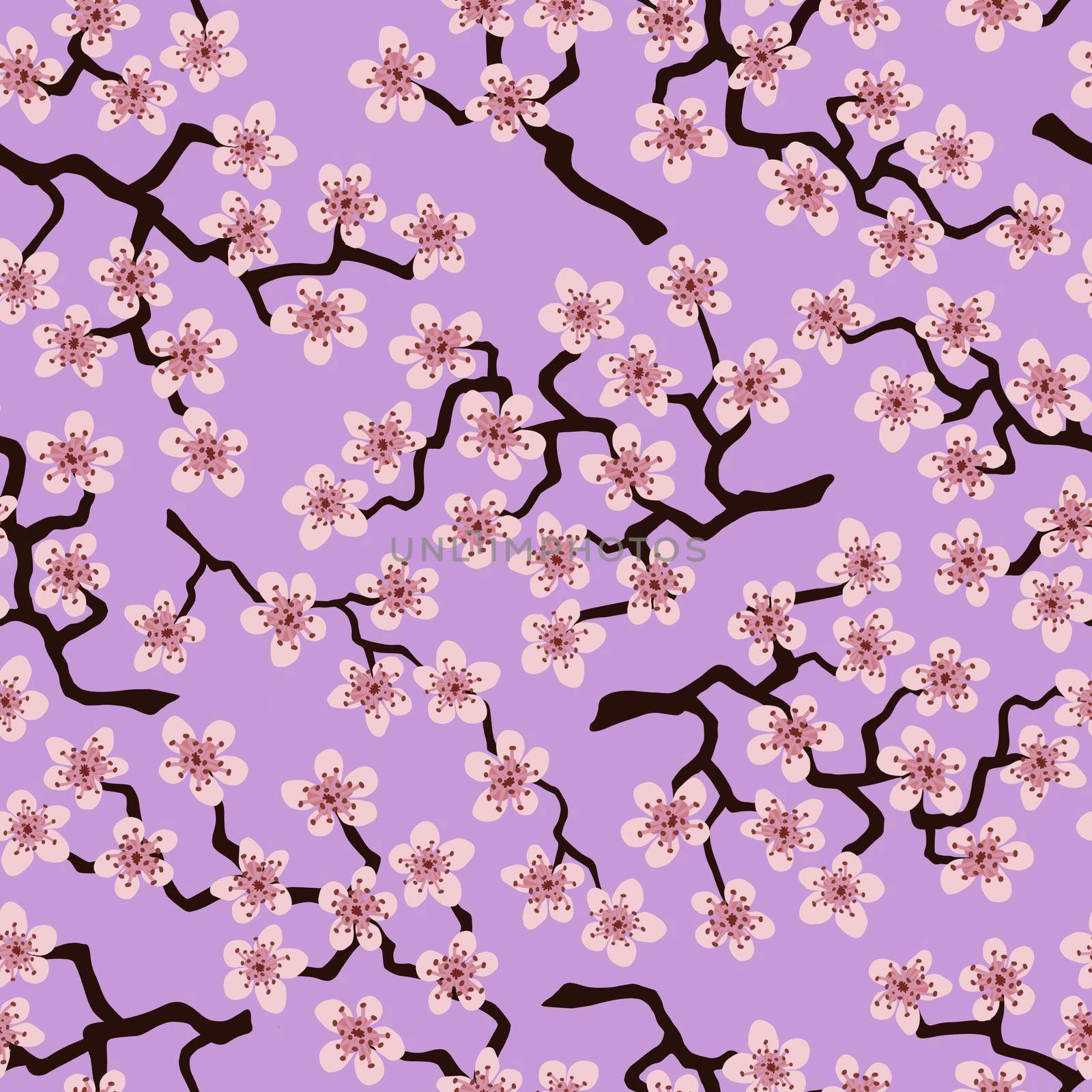 Seamless pattern with blossoming Japanese cherry sakura branches for fabric,packaging,wallpaper,t extile decor, design, invitations,print, gift wrap, manufacturing. Pink flowers on lavender background