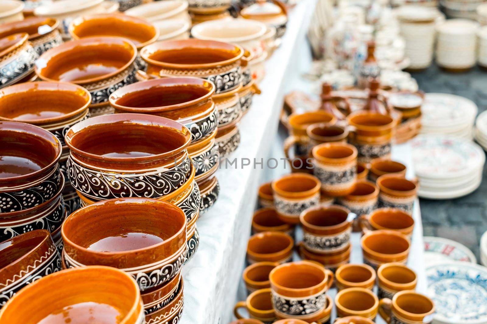 Sibiu City, Romania - 06 September 2020. Traditional Romanian handmade ceramics market at the potters fair from Sibiu, Romania