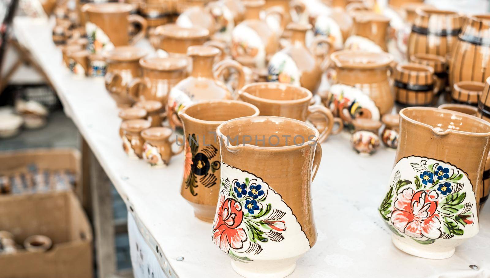 Sibiu City, Romania - 06 September 2020. Traditional Romanian handmade ceramics market at the potters fair from Sibiu, Romania