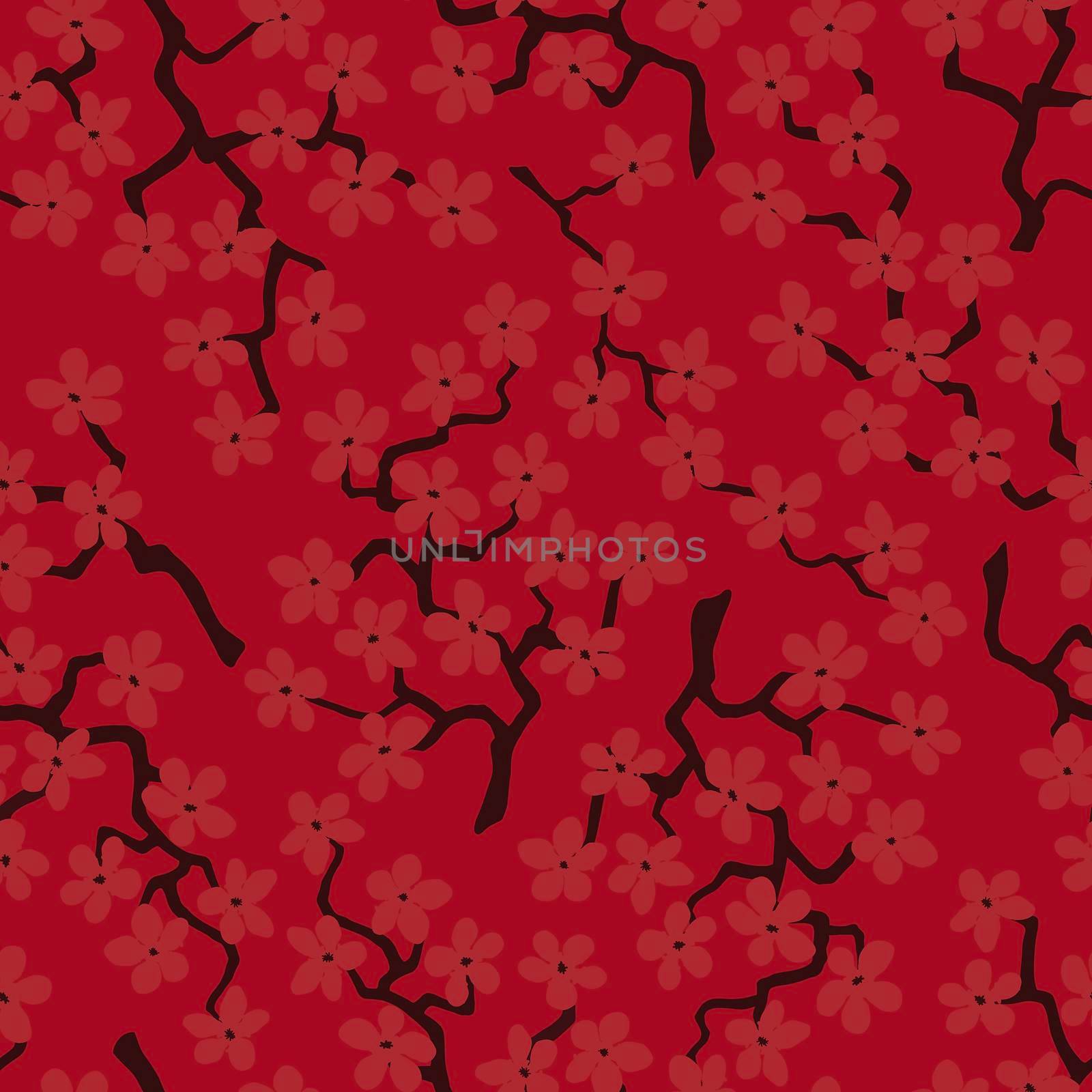 Seamless pattern with blossoming Japanese cherry sakura branches for fabric,packaging,wallpaper, textile decor, design, invitations,print, gift wrap, manufacturing.Terracotta flowers on red background