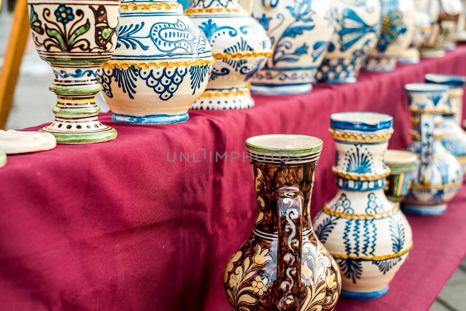 Sibiu City, Romania - 06 September 2020. Traditional Romanian handmade ceramics market at the potters fair from Sibiu, Romania