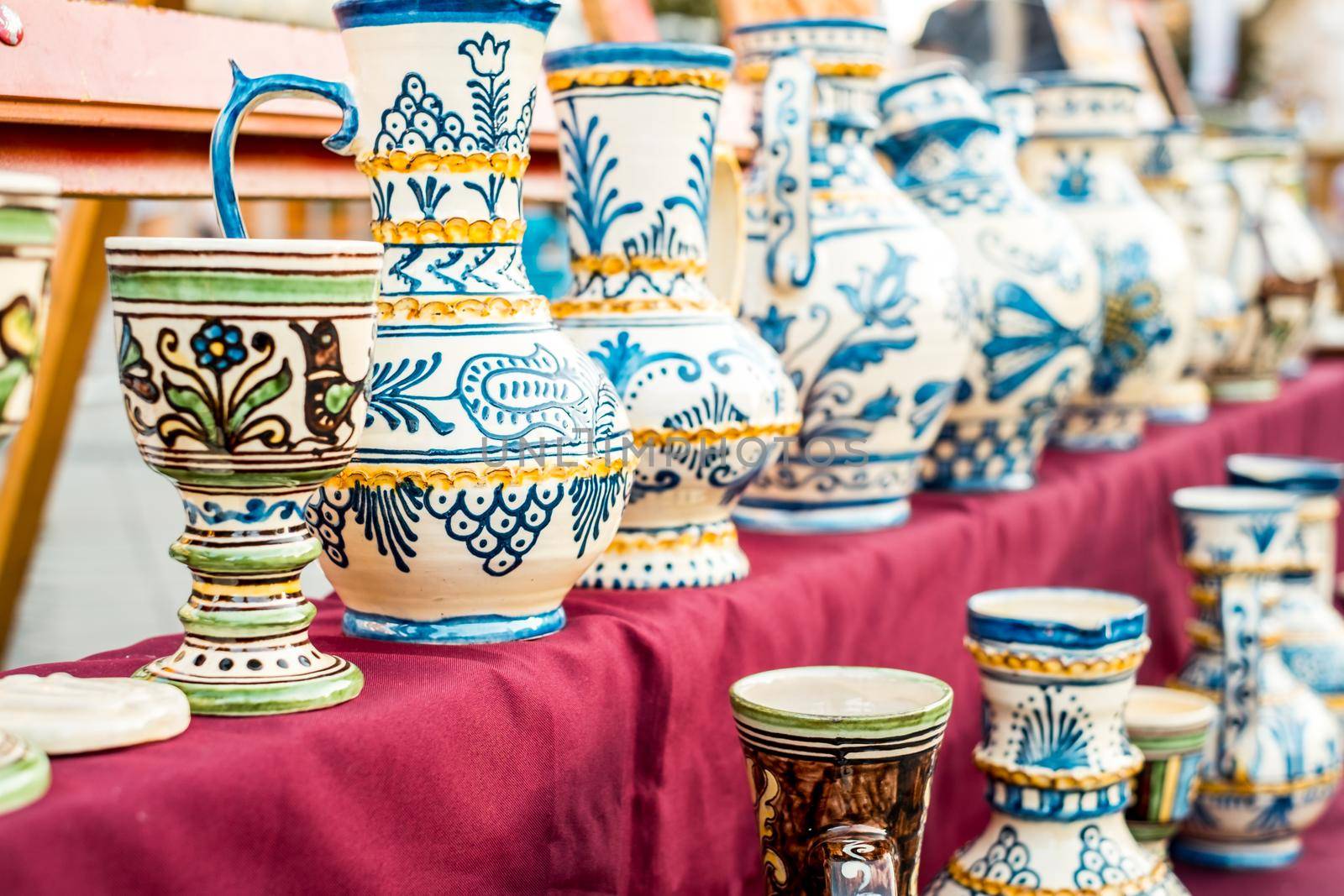 Sibiu City, Romania - 06 September 2020. Traditional Romanian handmade ceramics market at the potters fair from Sibiu, Romania