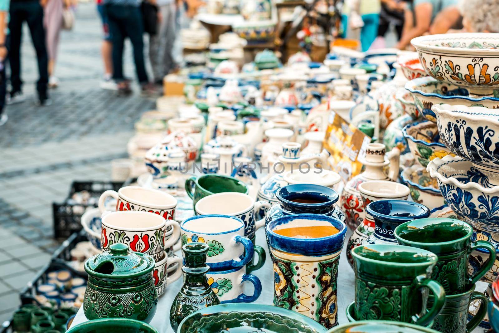 Sibiu City, Romania - 06 September 2020. Traditional Romanian handmade ceramics market at the potters fair from Sibiu, Romania