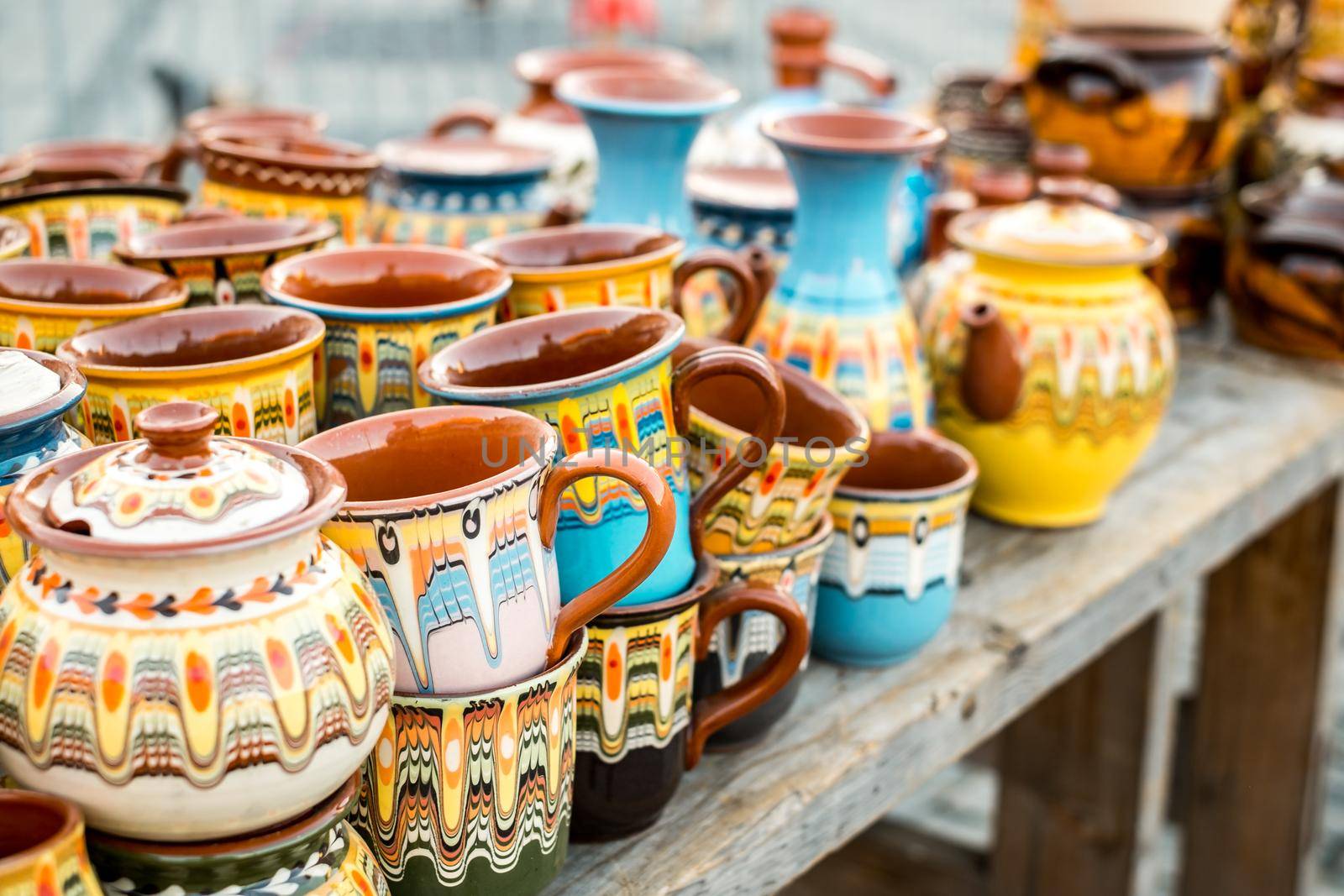 Sibiu City, Romania - 06 September 2020. Traditional Romanian handmade ceramics market at the potters fair from Sibiu, Romania