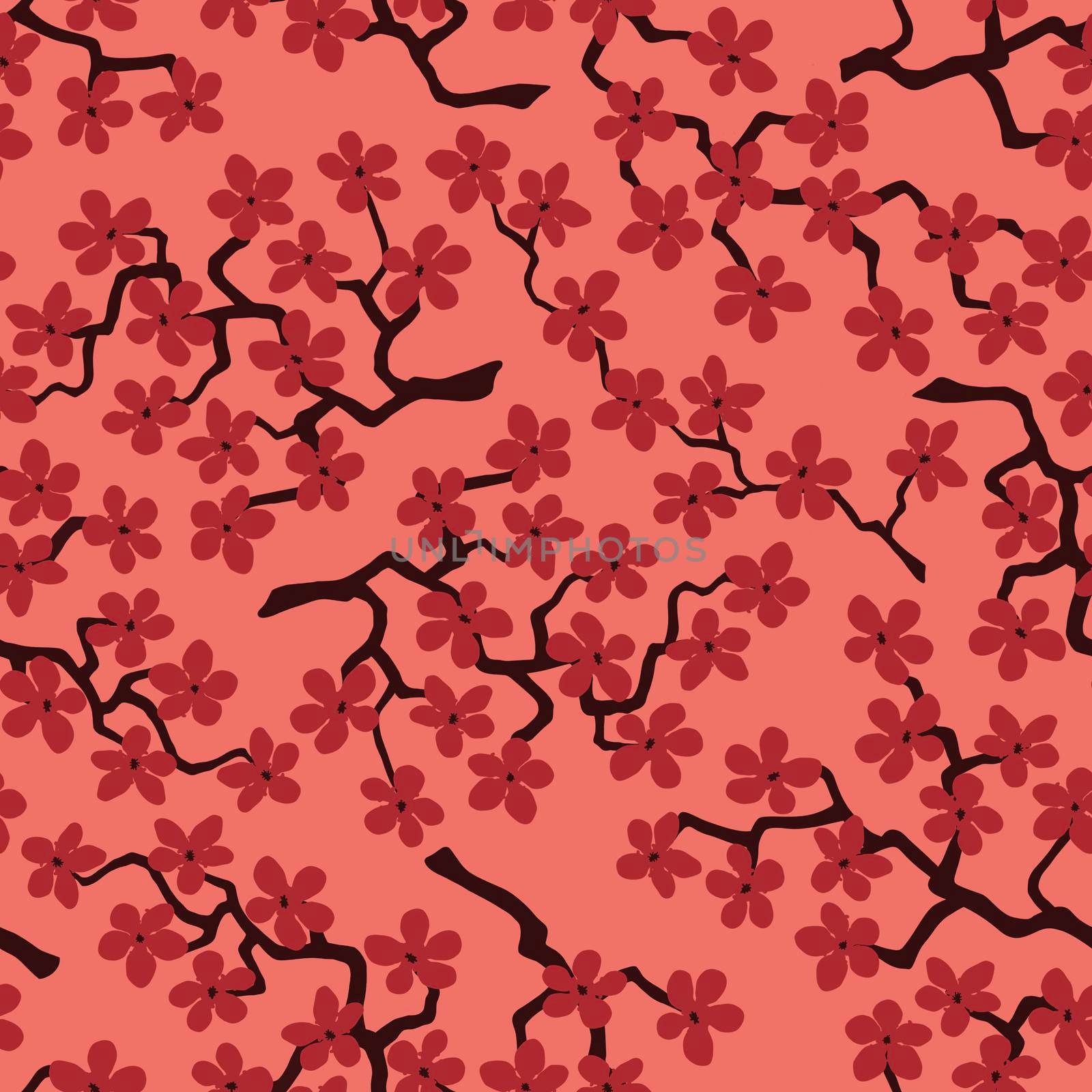 Seamless pattern with blossoming Japanese cherry sakura. Terracotta flowers on coral background by Angelsmoon