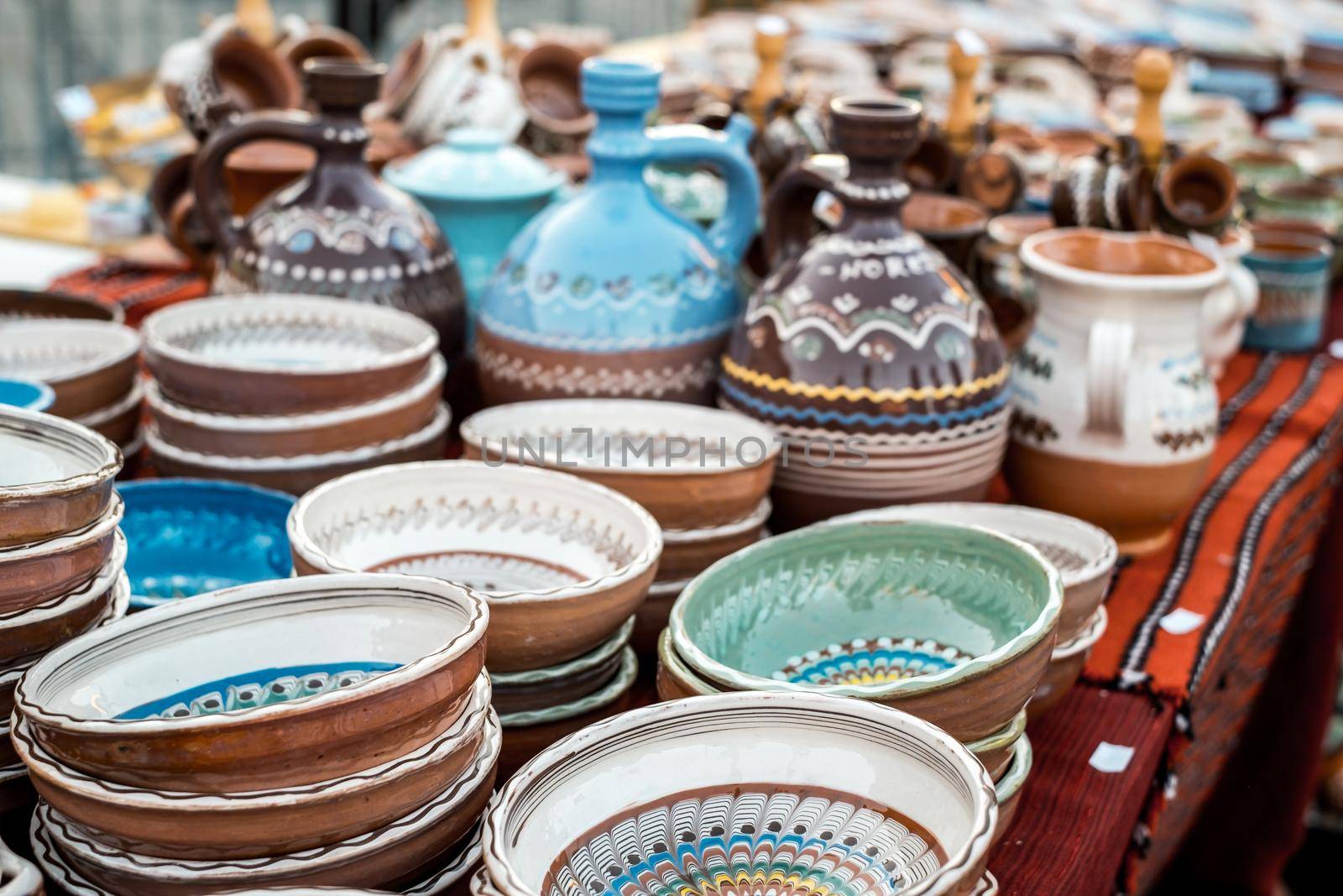 Sibiu City, Romania - 06 September 2020. Traditional Romanian handmade ceramics market at the potters fair from Sibiu, Romania