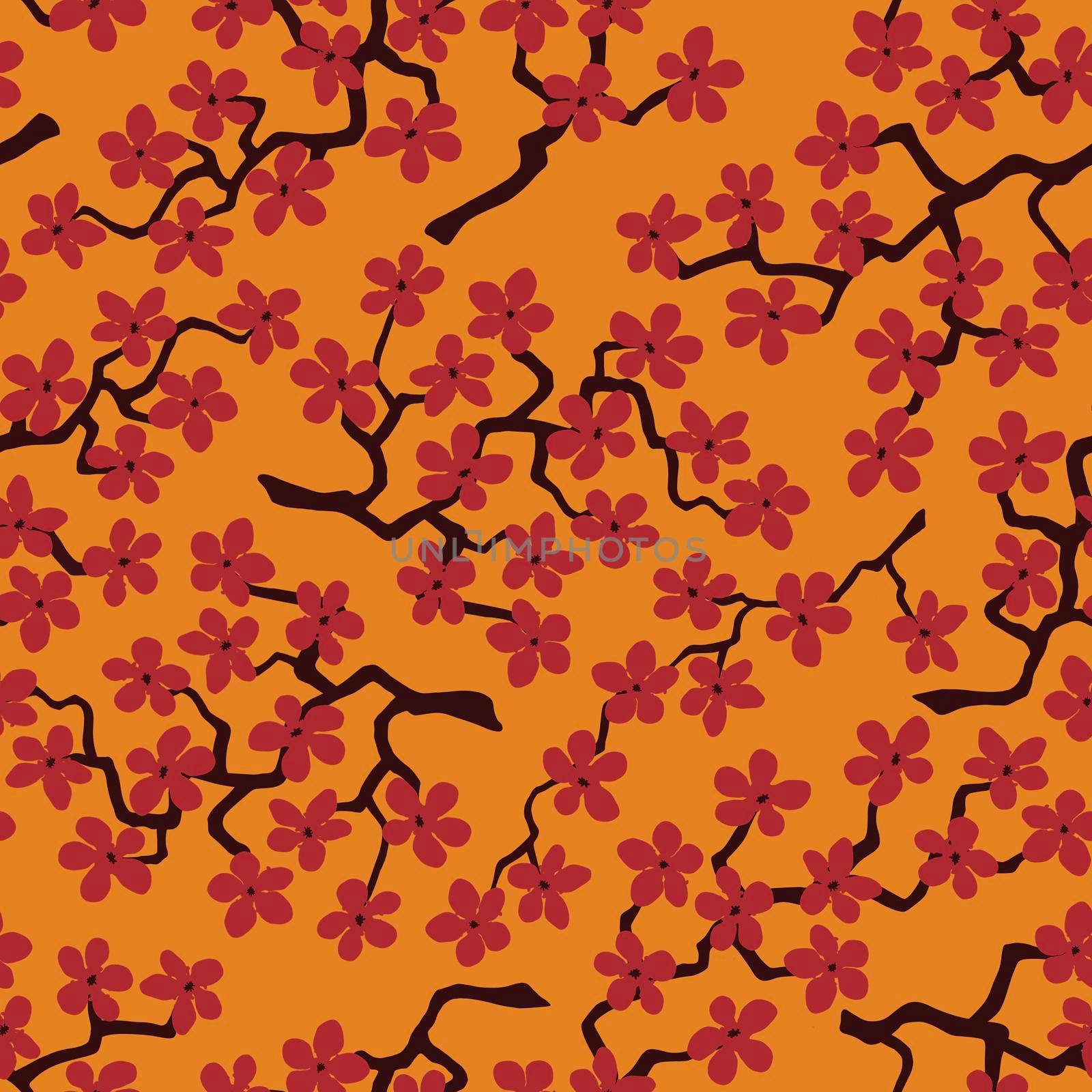 Seamless pattern with blossoming Japanese cherry sakura branches for fabric,packaging,wallpaper,textile ,design, invitations,print, gift wrap, manufacturing.Terracotta flowers on orange red background