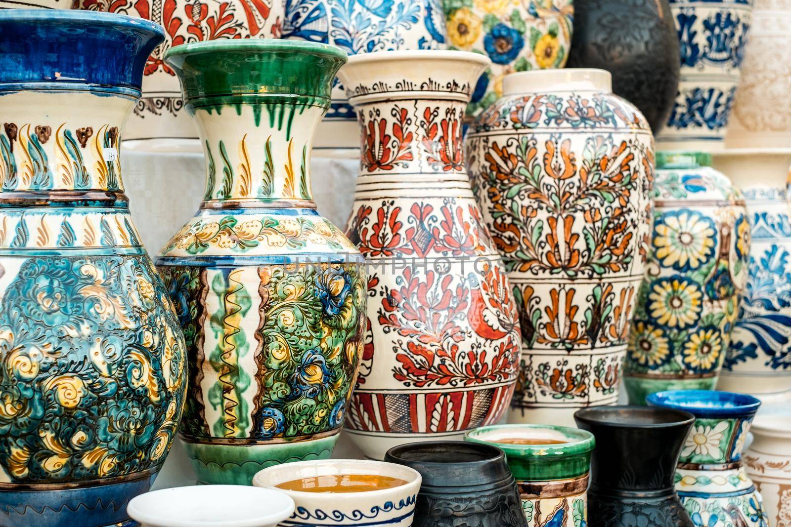 Sibiu City, Romania - 06 September 2020. Traditional Romanian handmade ceramics market at the potters fair from Sibiu, Romania