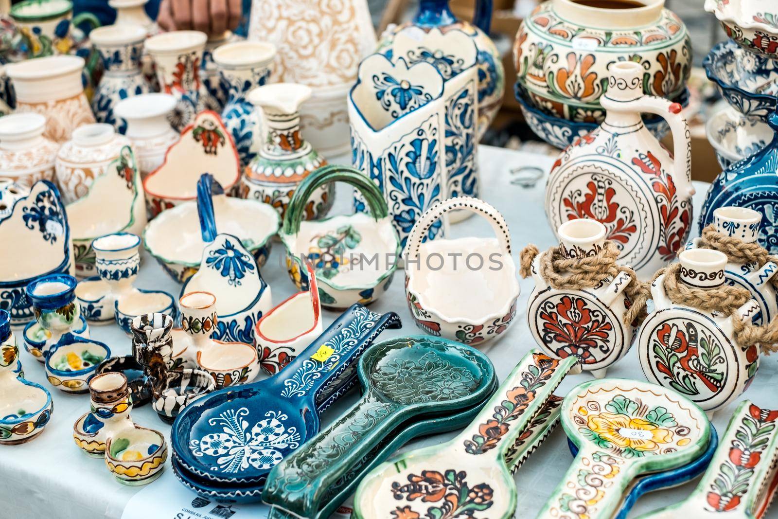 Sibiu City, Romania - 06 September 2020. Traditional Romanian handmade ceramics market at the potters fair from Sibiu, Romania