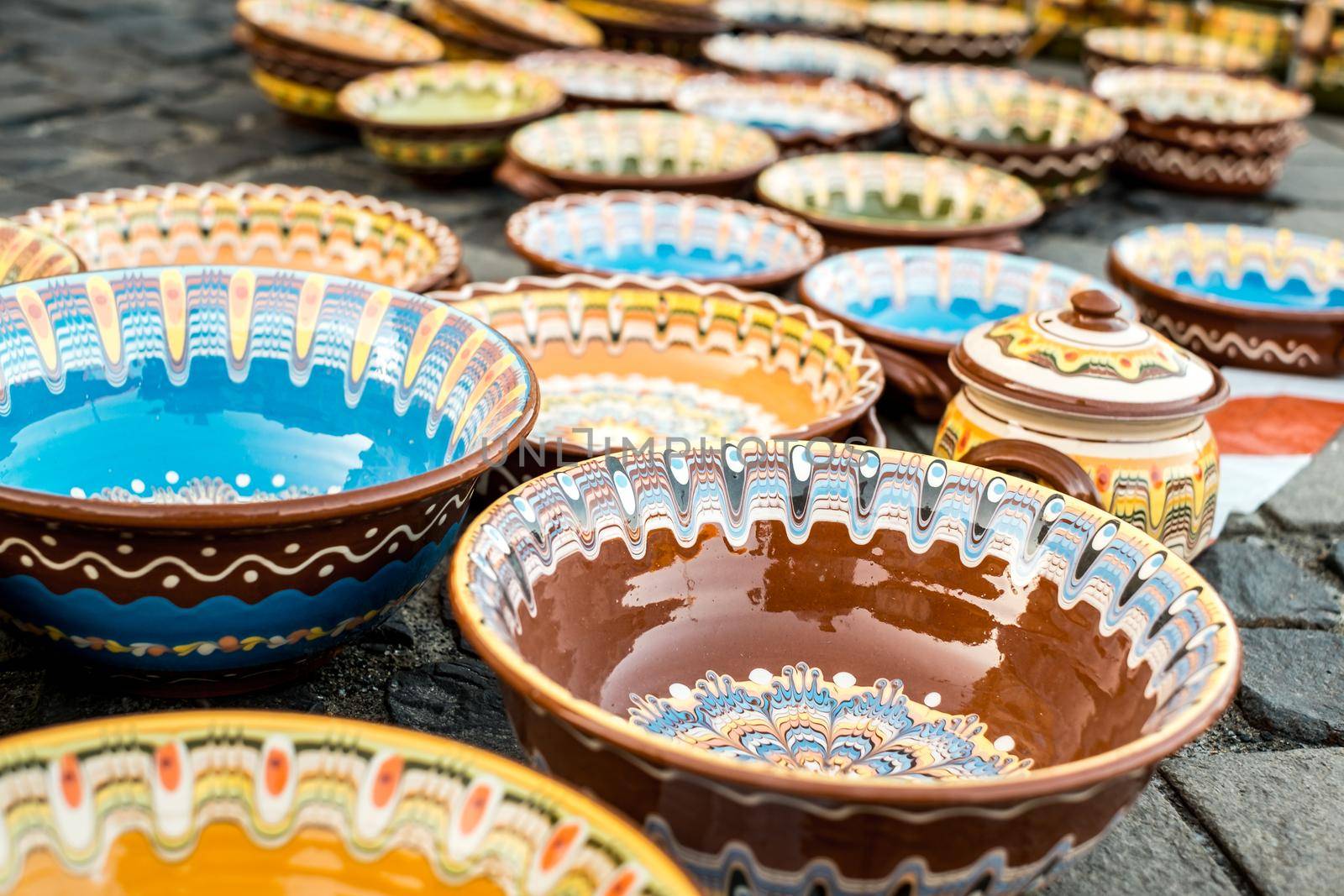 Sibiu City, Romania - 06 September 2020. Traditional Romanian handmade ceramics market at the potters fair from Sibiu, Romania