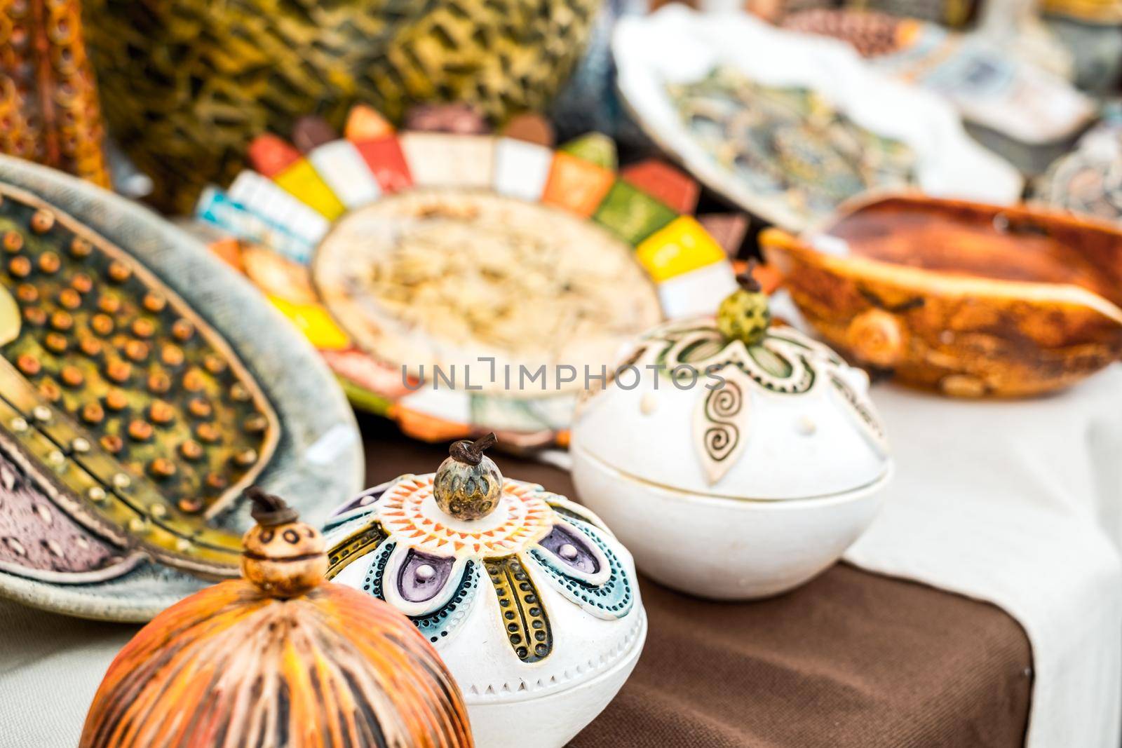 Sibiu City, Romania - 06 September 2020. Traditional Romanian handmade ceramics market at the potters fair from Sibiu, Romania