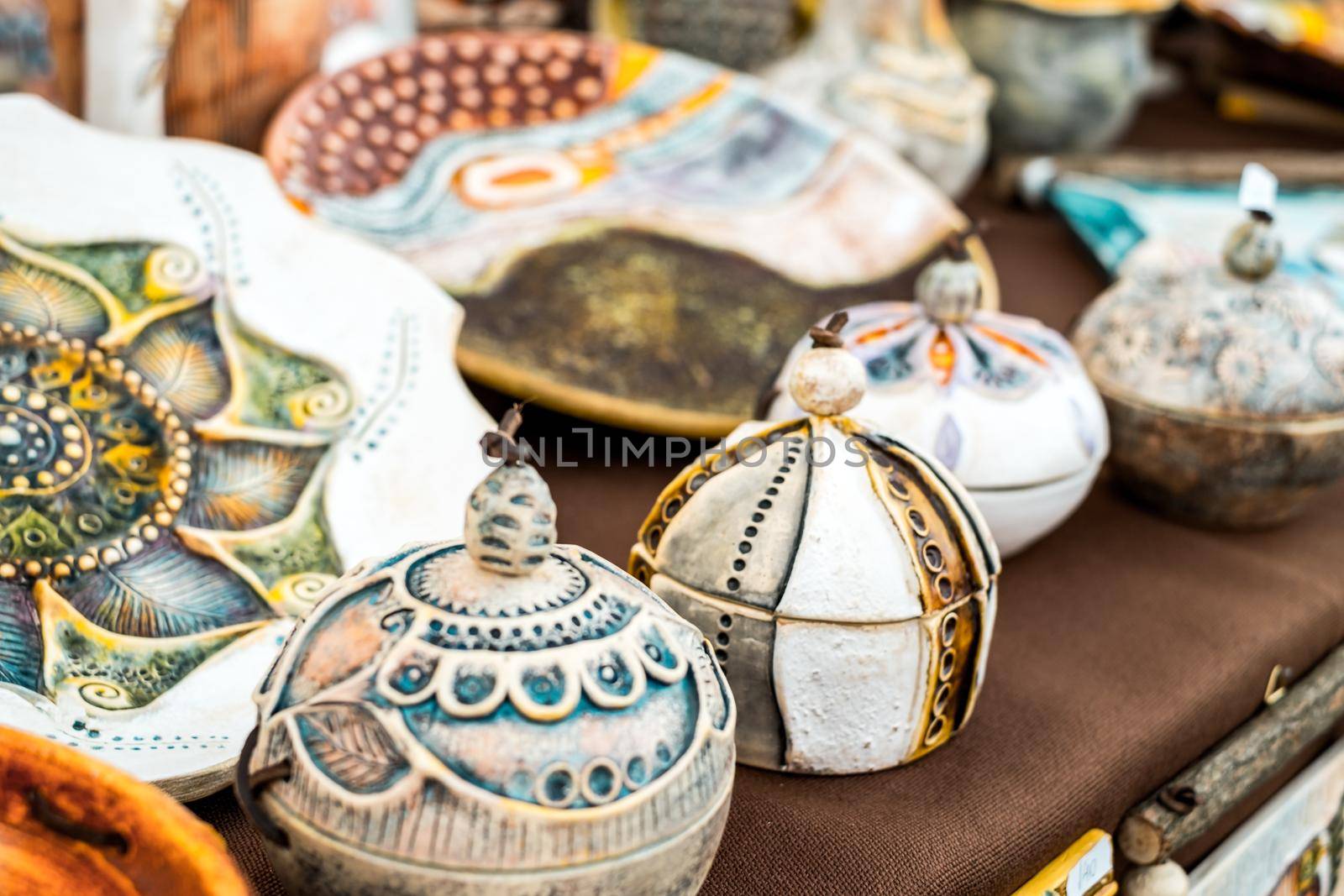 Sibiu City, Romania - 06 September 2020. Traditional Romanian handmade ceramics market at the potters fair from Sibiu, Romania